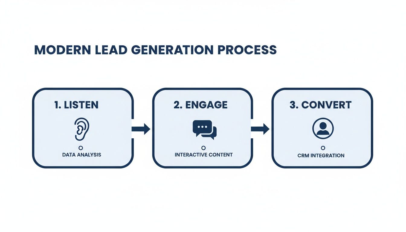 A three-step modern lead generation process: Listen, Engage, and Convert with data analysis, interactive content, and CRM integration.