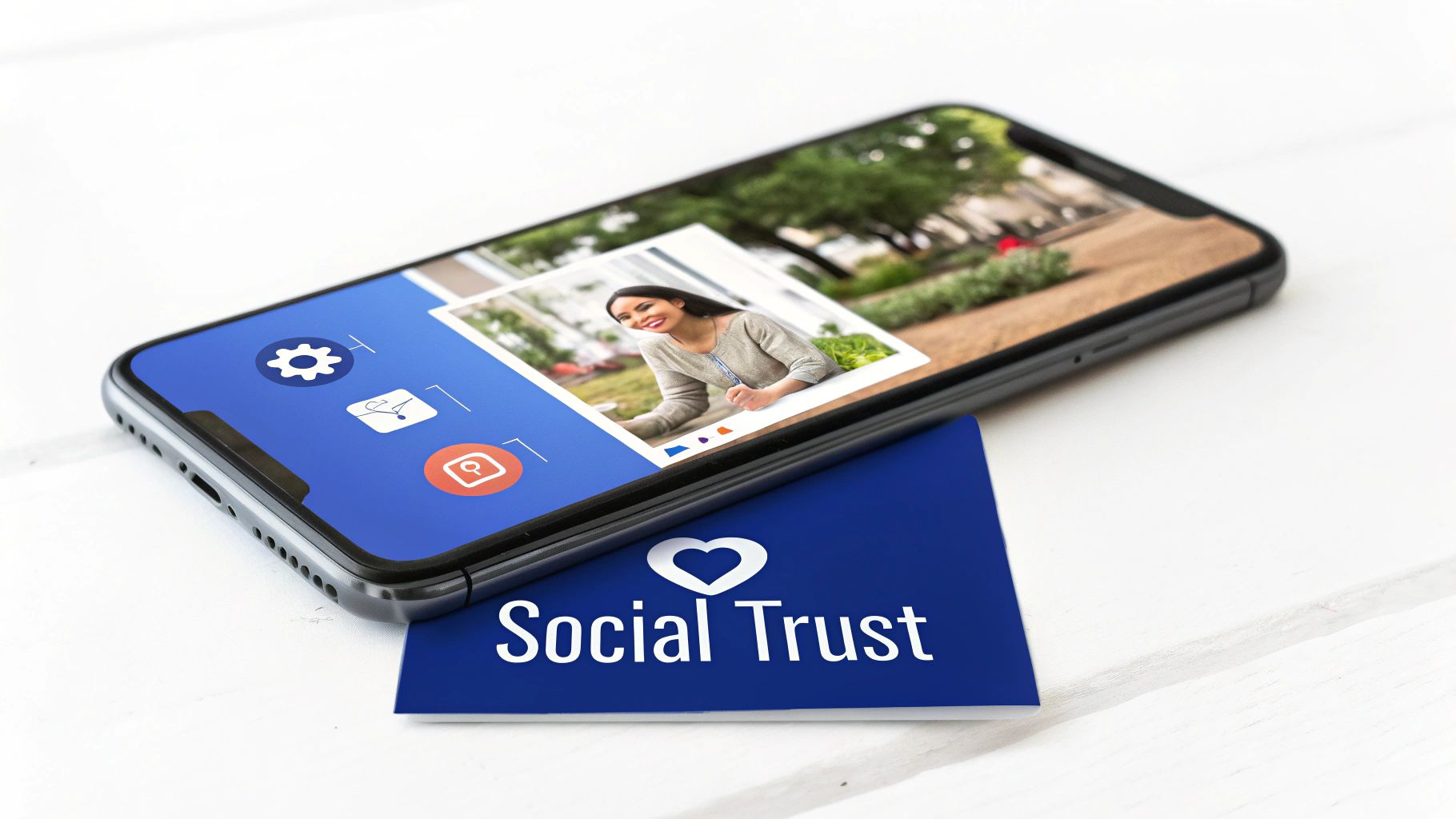 Smartphone showing a social media app with a woman's profile, resting on a Social Trust card.