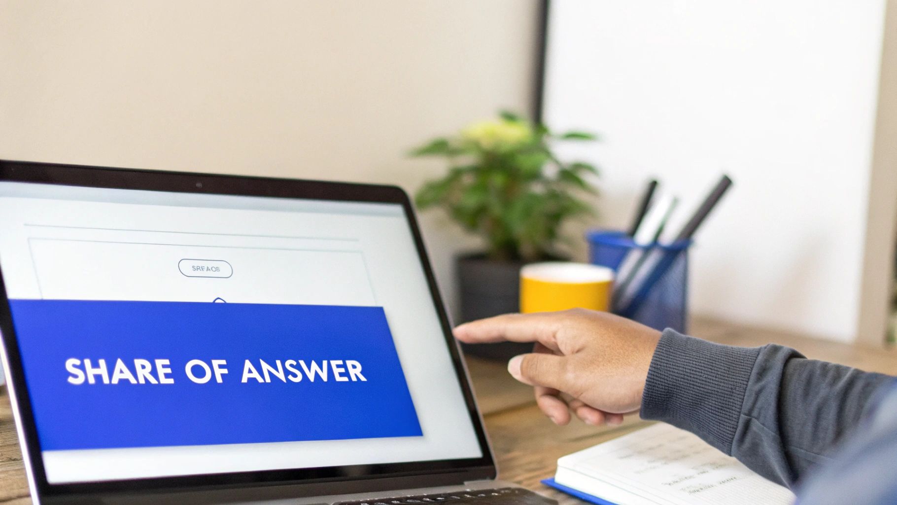 Person's hand pointing at a laptop screen displaying the text 'SHARE OF ANSWER'.