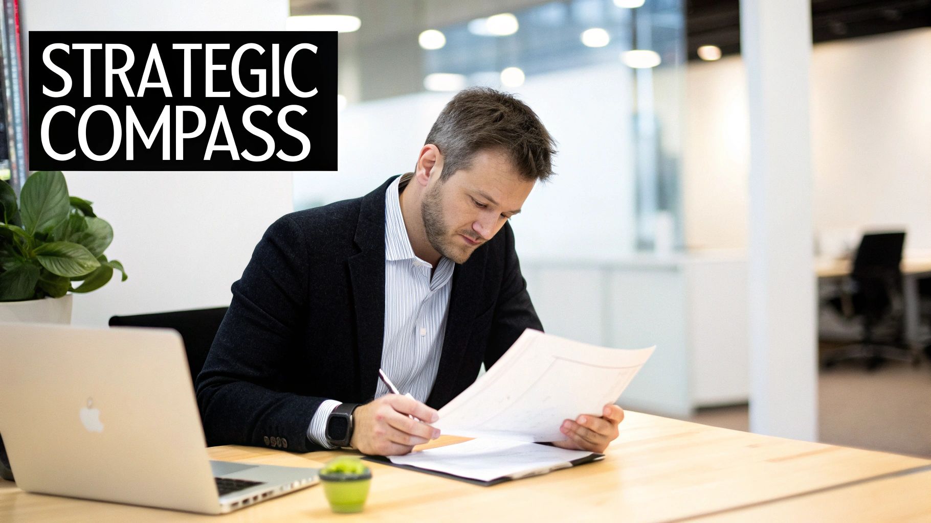 A person writing on a notepad with a laptop and coffee nearby, symbolizing business planning.