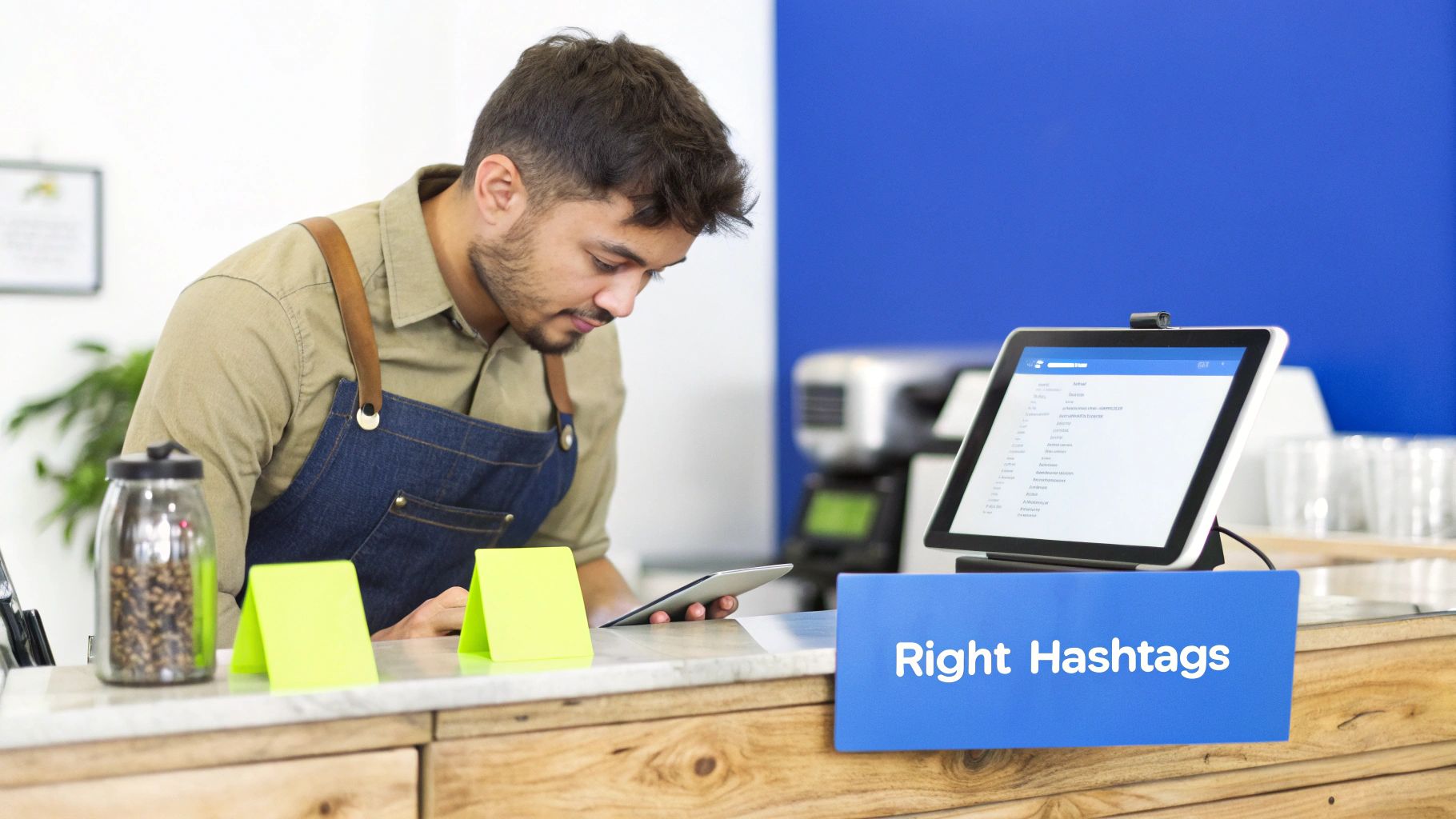 A man in an apron uses a tablet at a counter with a sign displaying 'Right Hashtags' and a POS system.