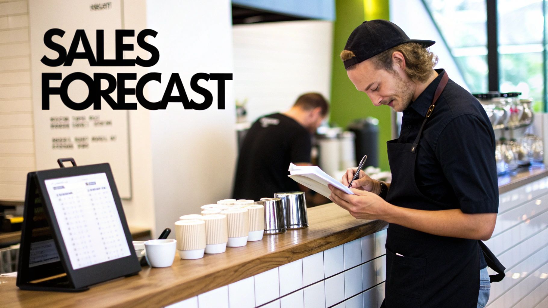A person using a calculator while reviewing sales data charts on a desk, representing the process of forecasting sales.