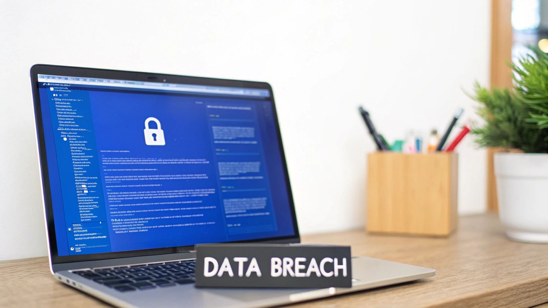 Laptop screen displaying a padlock icon, with a prominent 'DATA BREACH' sign on a wooden desk.