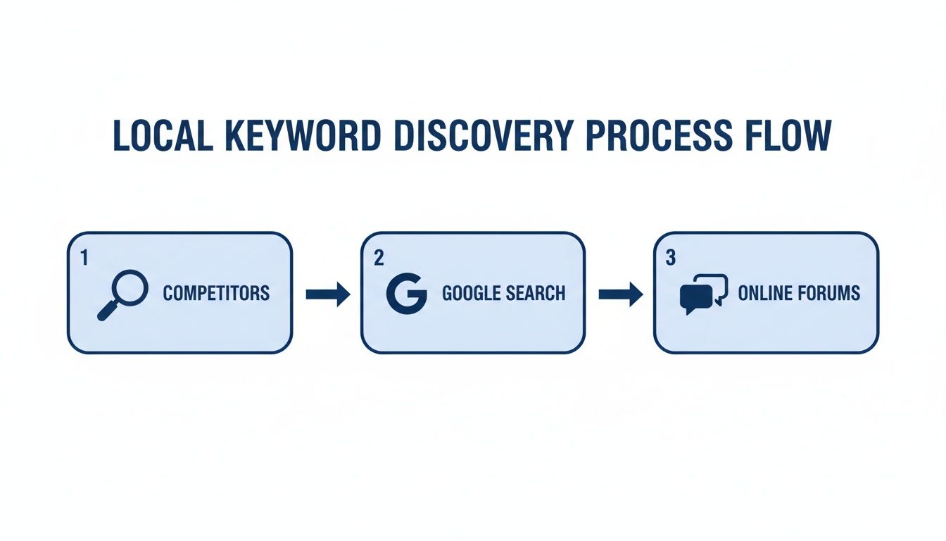 A flow chart illustrating the local keyword discovery process, moving from competitors to Google Search and online forums.