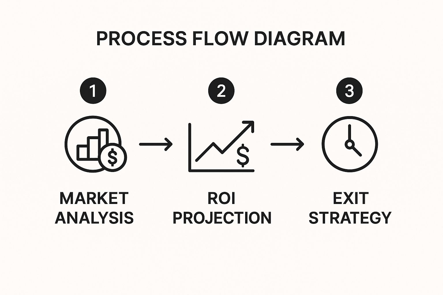 Infographic showing the three-step investment journey from analysis to exit.