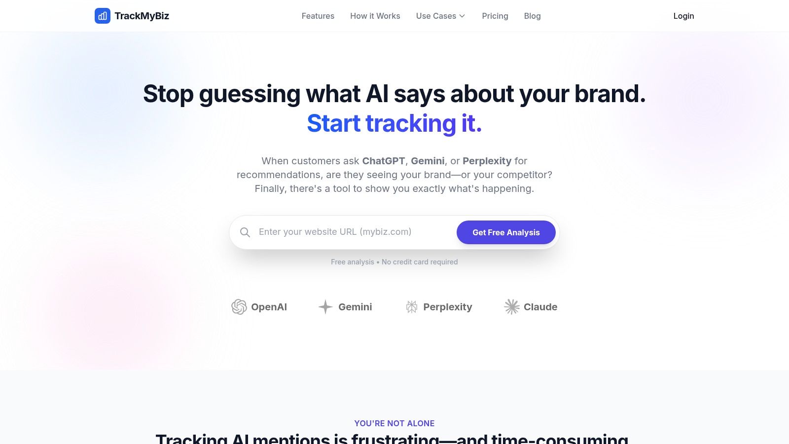 TrackMyBiz dashboard showing AI search optimization metrics