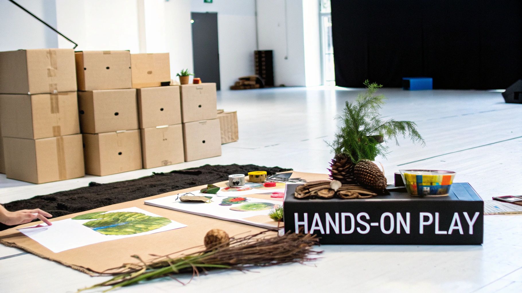 A hands-on play station with natural materials and leaf prints for experiential learning.