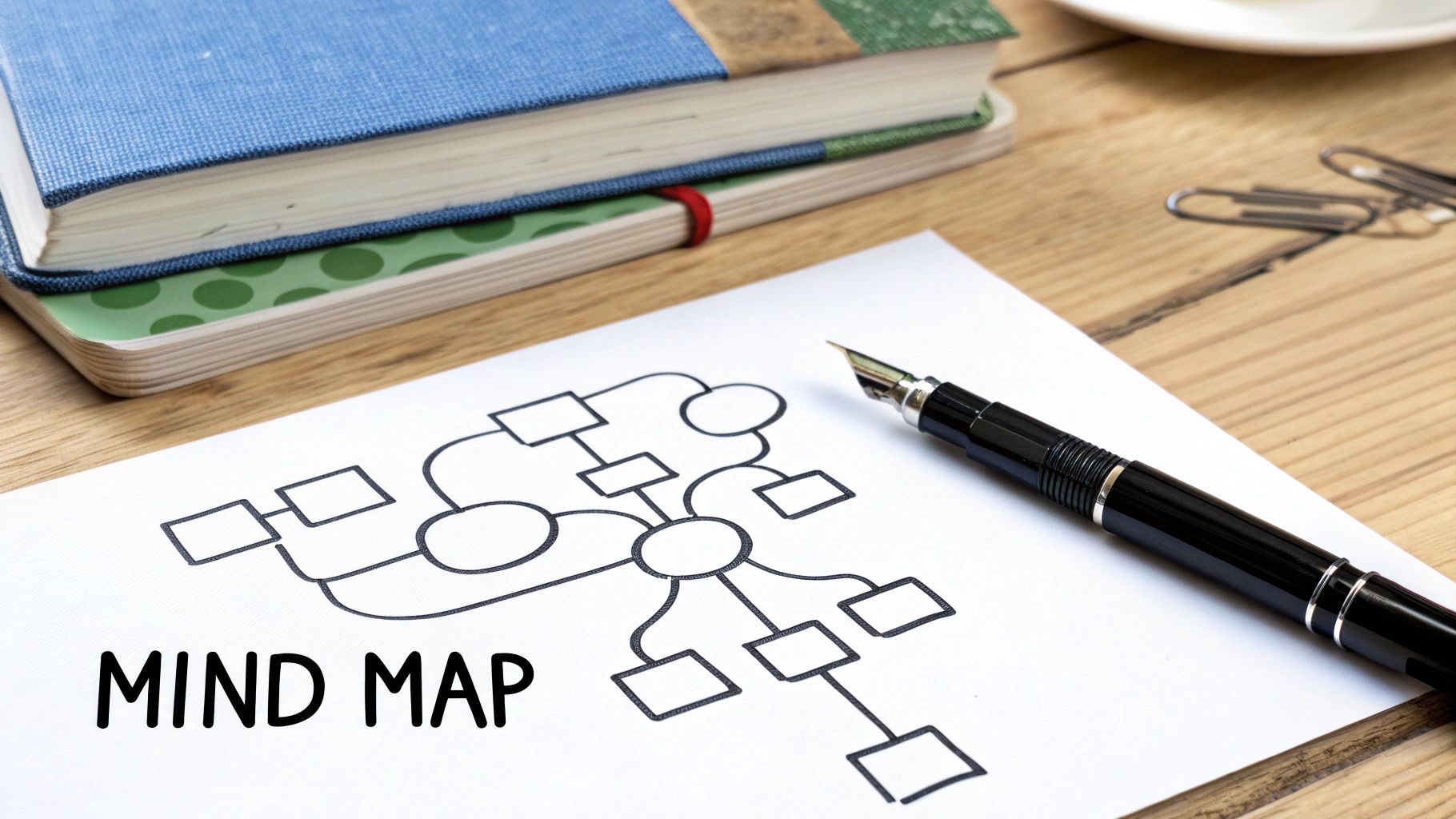A hand-drawn mind map on white paper with a black fountain pen next to it. Books and paper clips are in the background on a wooden desk.