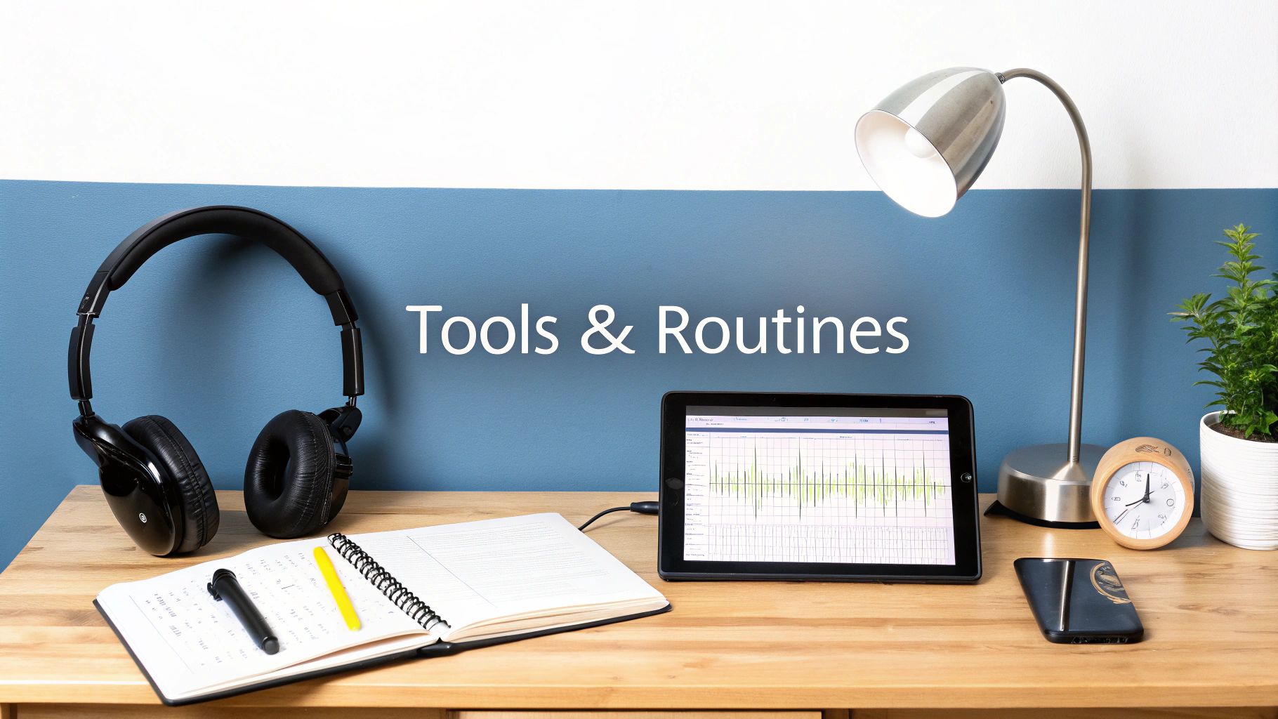 A neatly organized desk with headphones, an open notebook, a tablet, lamp, and clock, highlighting tools and routines.