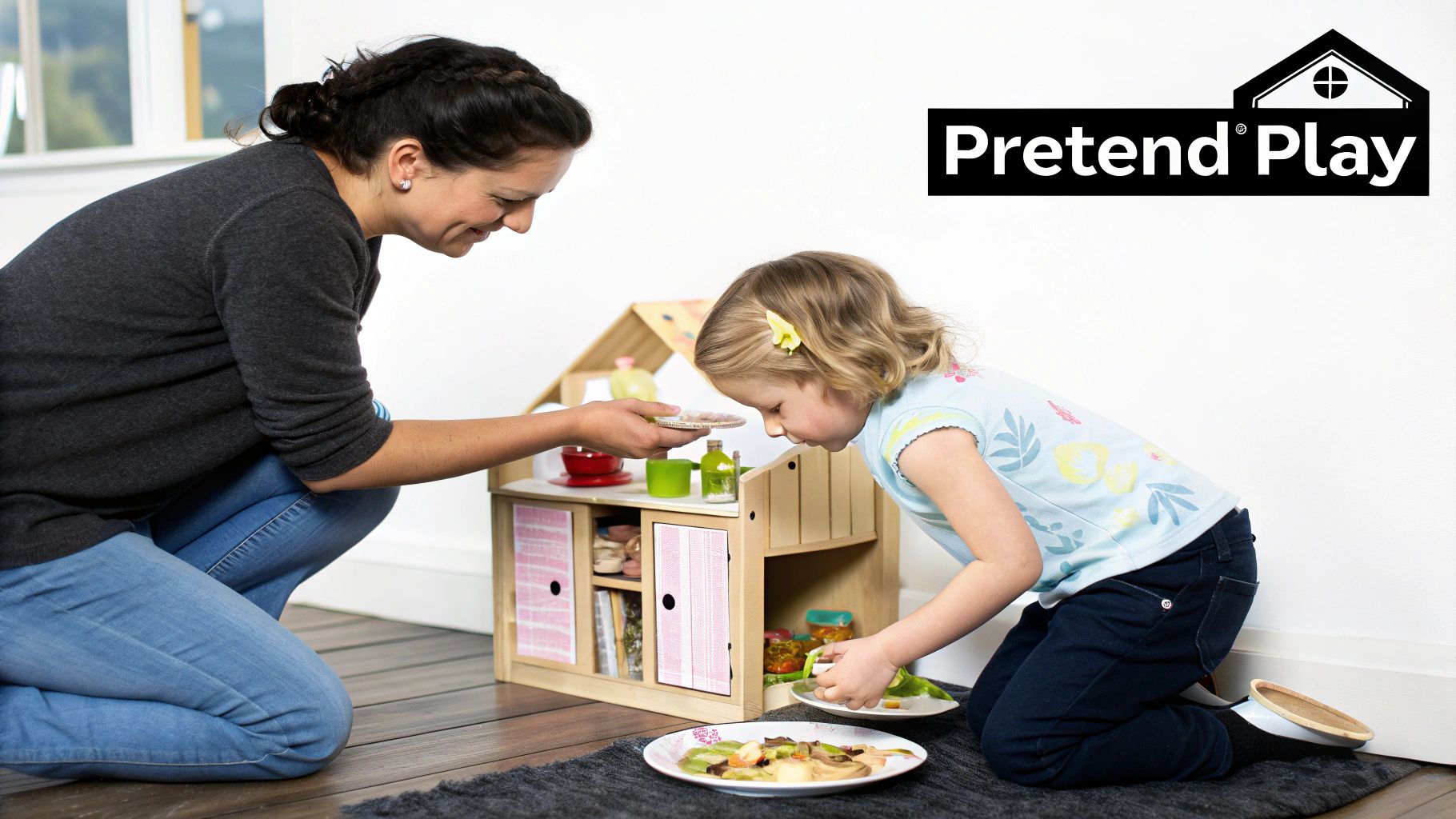 A woman and a young girl play together on the floor with a wooden toy kitchen and pretend food.