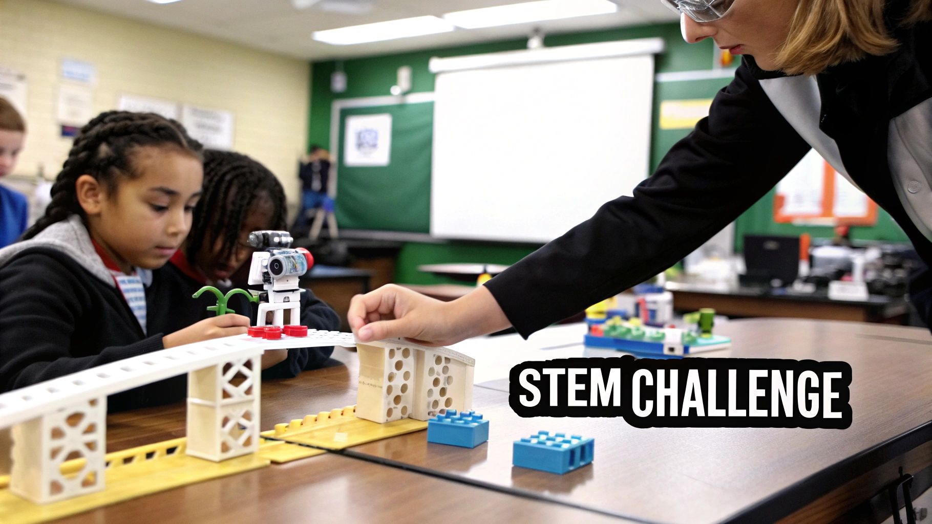 Students and a teacher engage in a STEM challenge, building a bridge with blocks and a robot.