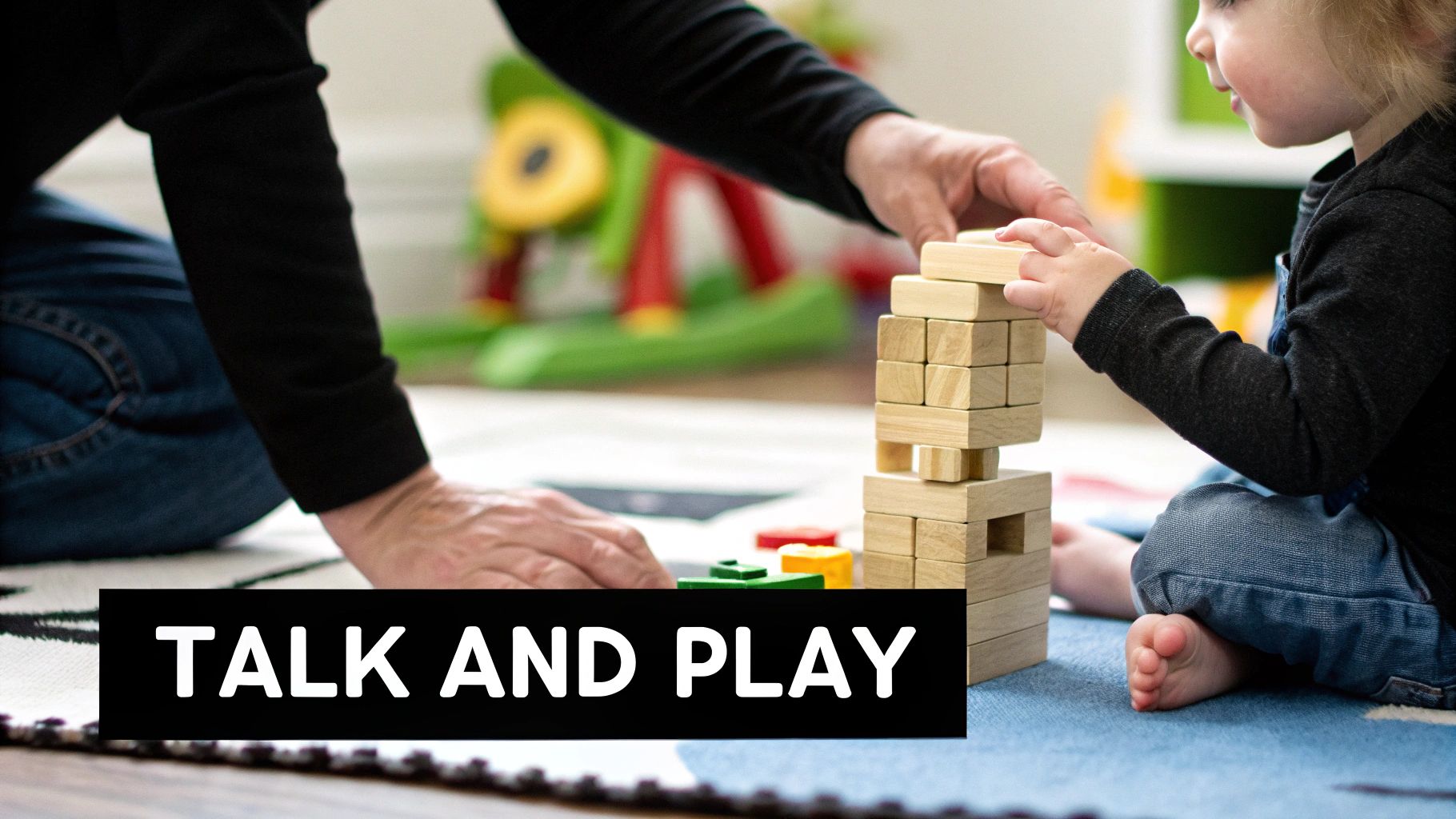 An adult and a young child are playing together with wooden blocks on a blue rug.