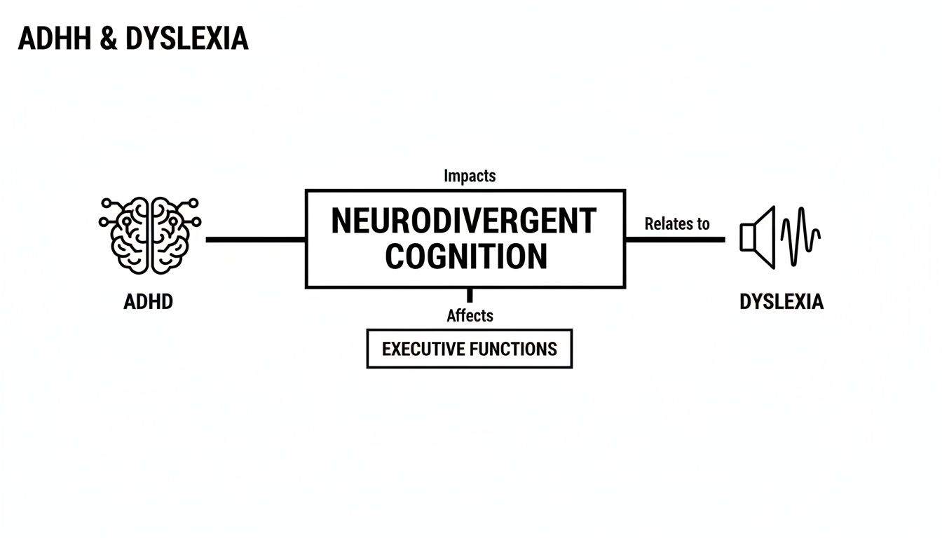 A diagram illustrating the connection between ADHD and Dyslexia via neurodivergent cognition and executive functions.