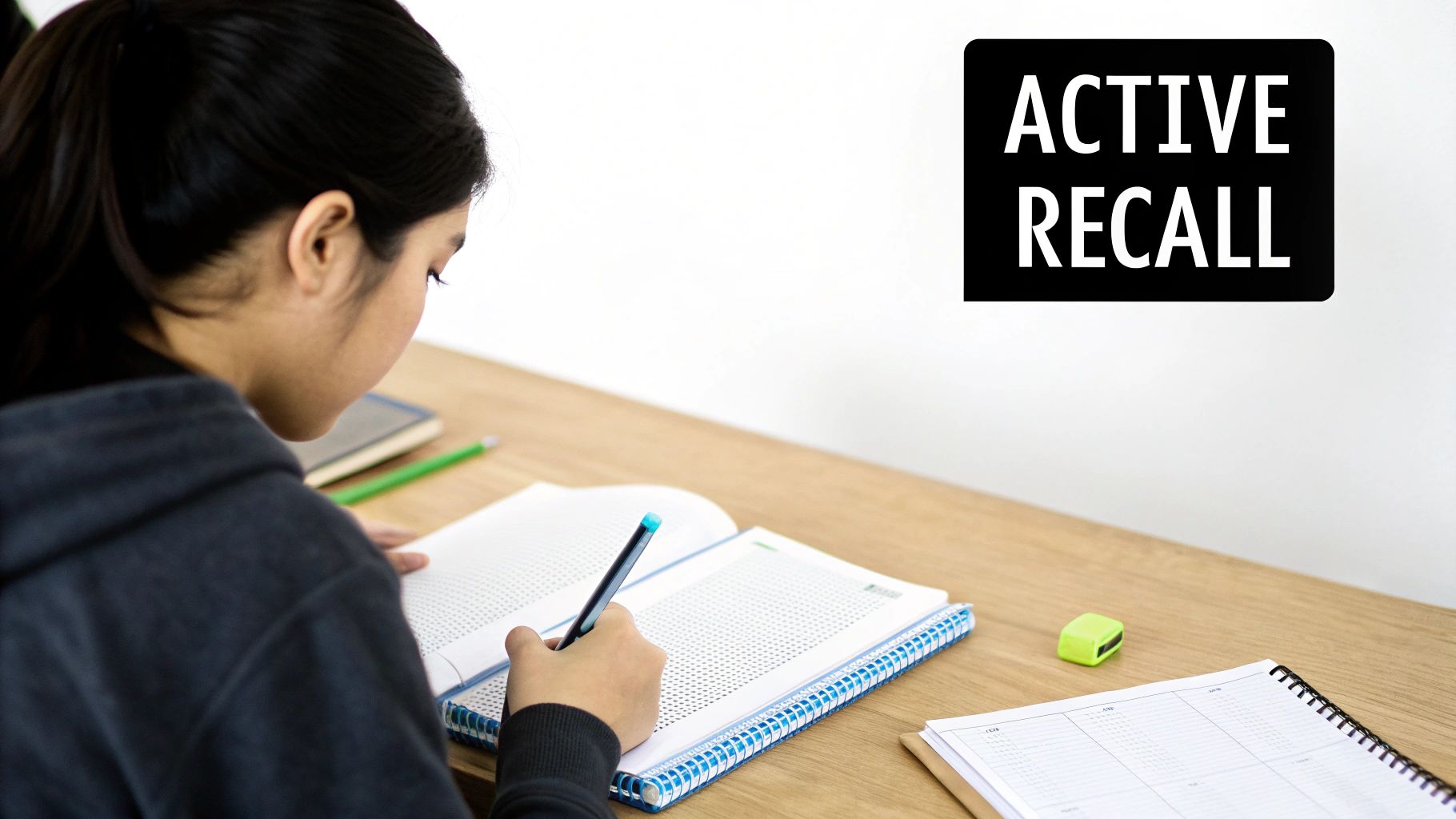 A student practices active recall by writing in a notebook at a desk, surrounded by study materials.