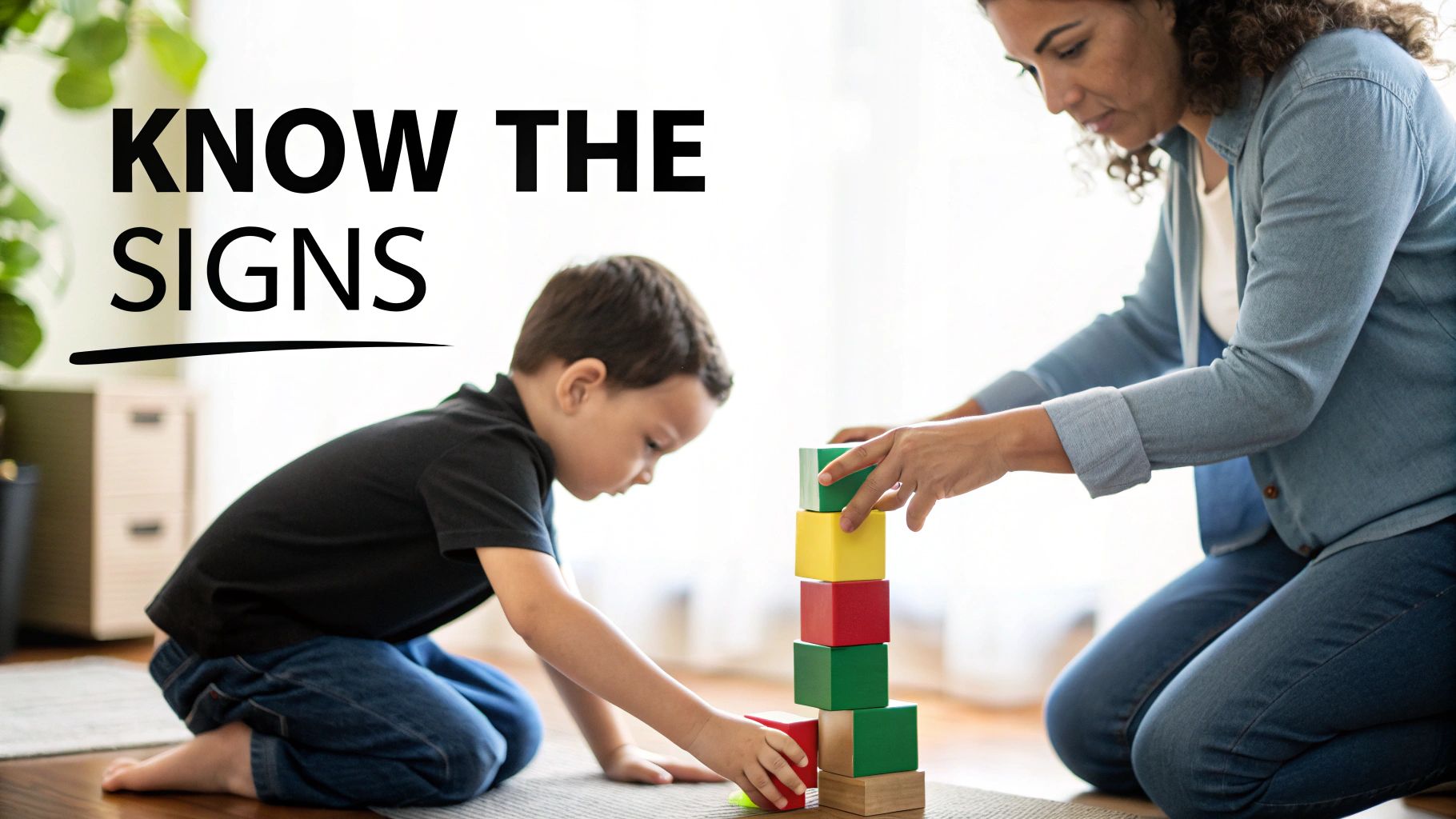 An adult and a child playing together, stacking colorful wooden building blocks on the floor.