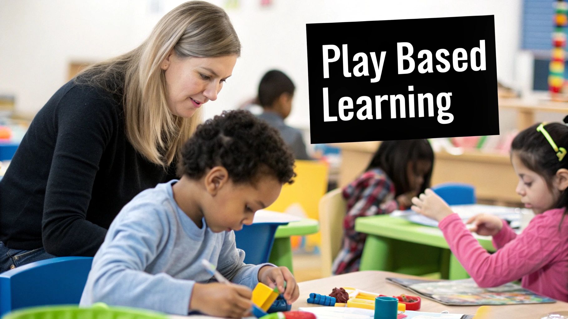 A teacher guides a young boy playing with colorful blocks in a classroom, demonstrating play-based learning.