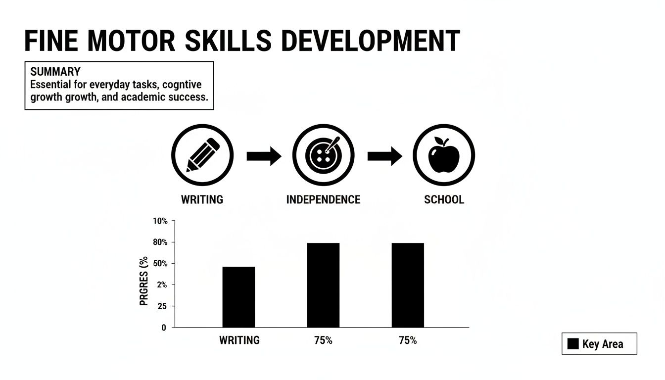 Diagram illustrating fine motor skills development for writing, independence, and school readiness.