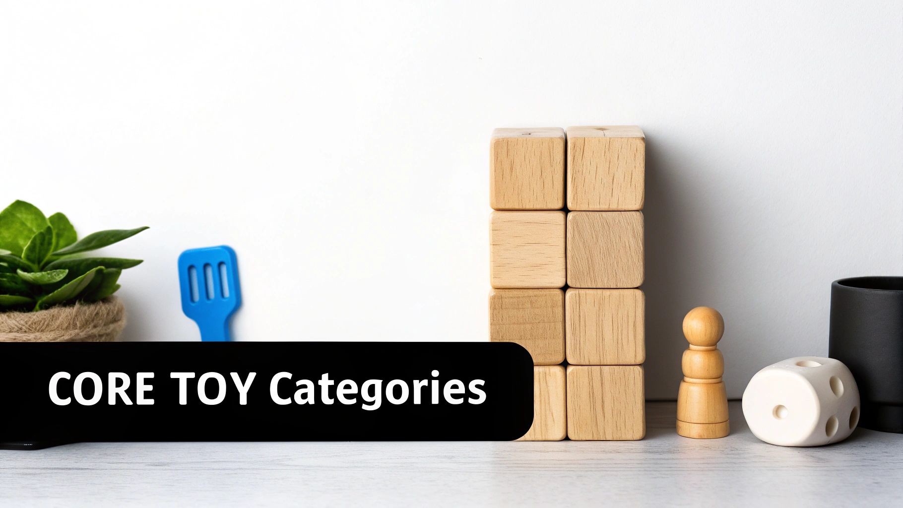 A collection of toys including wooden blocks, a dice, and a pawn, with a text overlay 'CORE TOY Categories'.