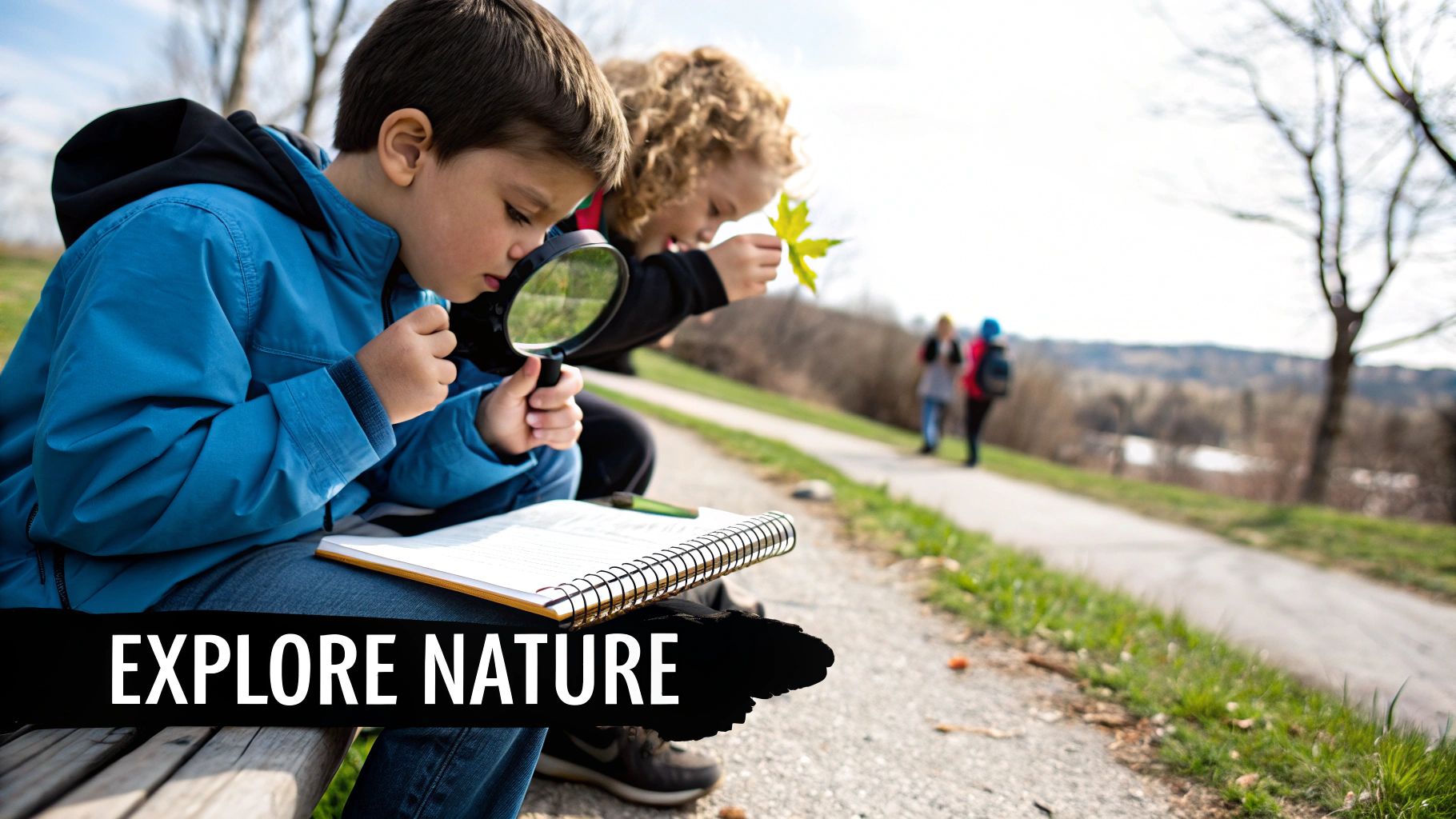 Two young children exploring nature outdoors, one using a magnifying glass on a leaf.