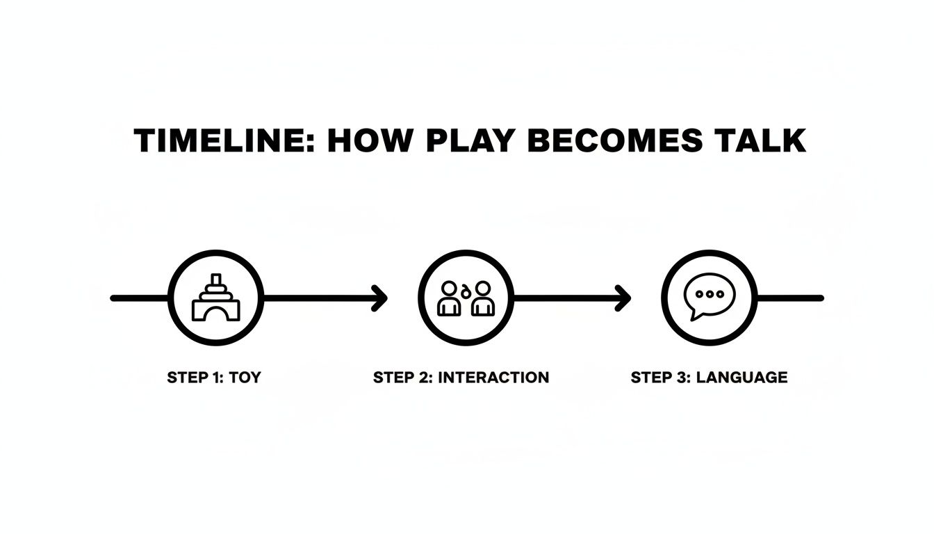 A timeline graphic illustrates how play with toys fosters interaction, leading to language development.