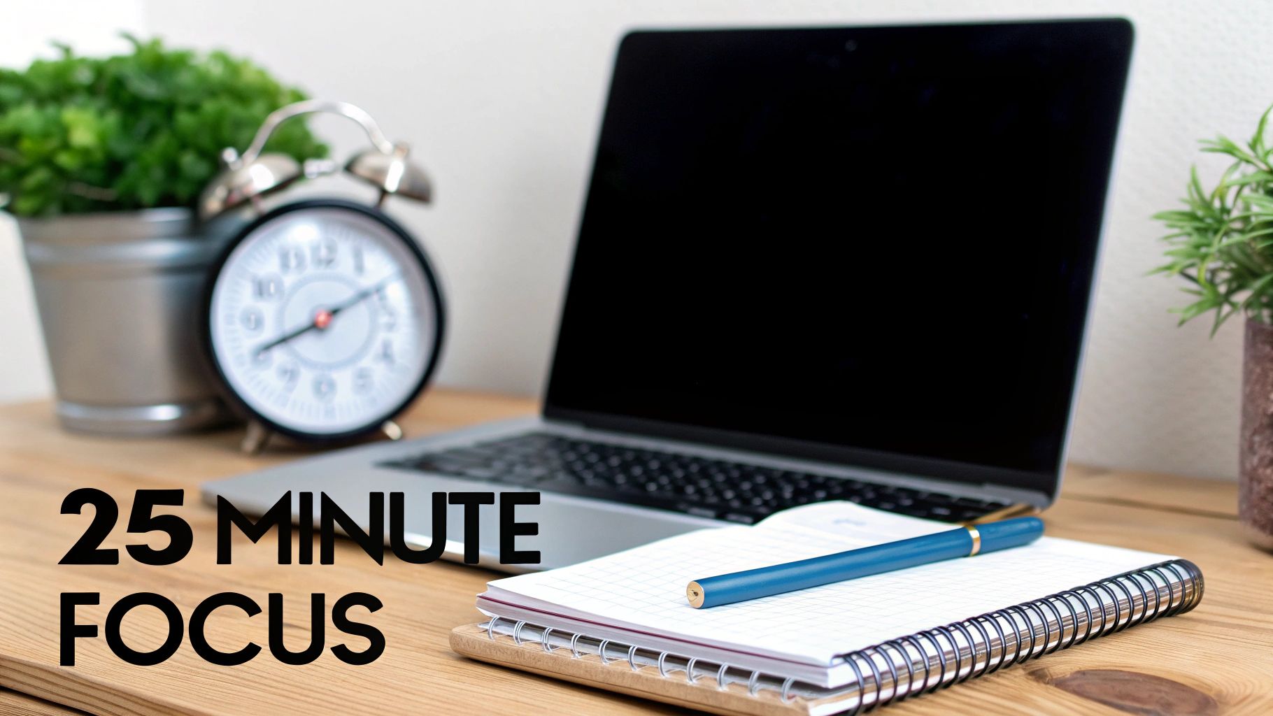 A desk setup with a laptop, an alarm clock, notebook, pen, and plants, with '25 MINUTE FOCUS' text overlay.