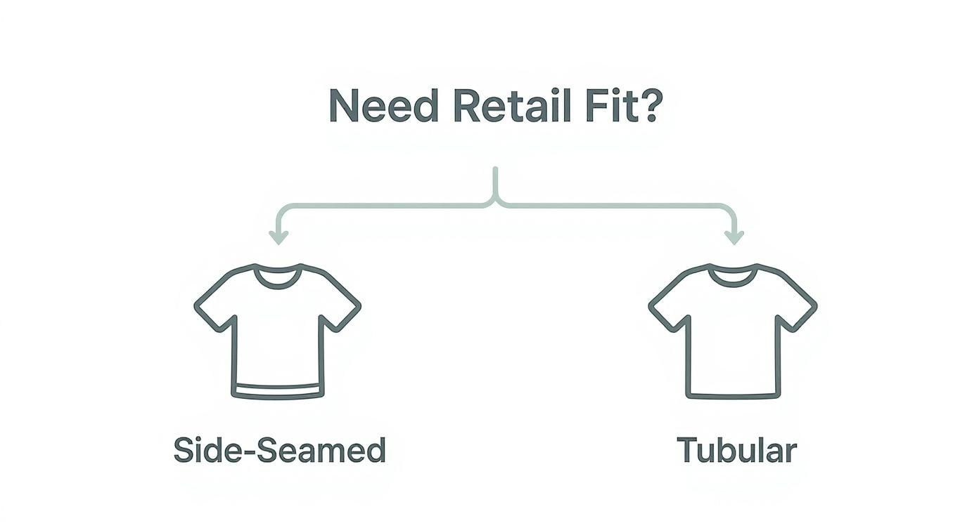 Diagram showing two t-shirt construction types: side-seamed and tubular retail fit options for printing