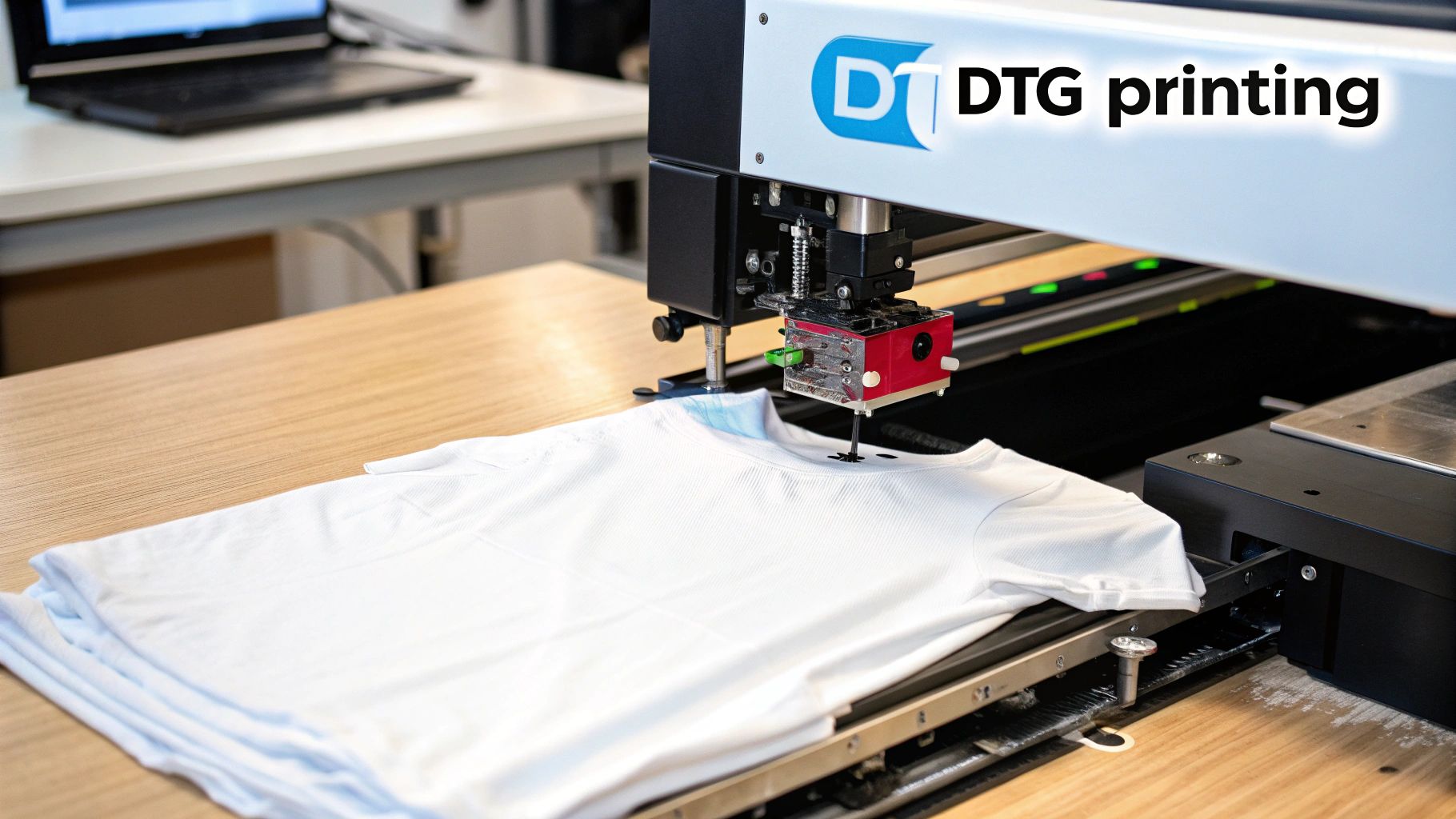 A DTG printer in action, applying a colorful design directly onto a t-shirt