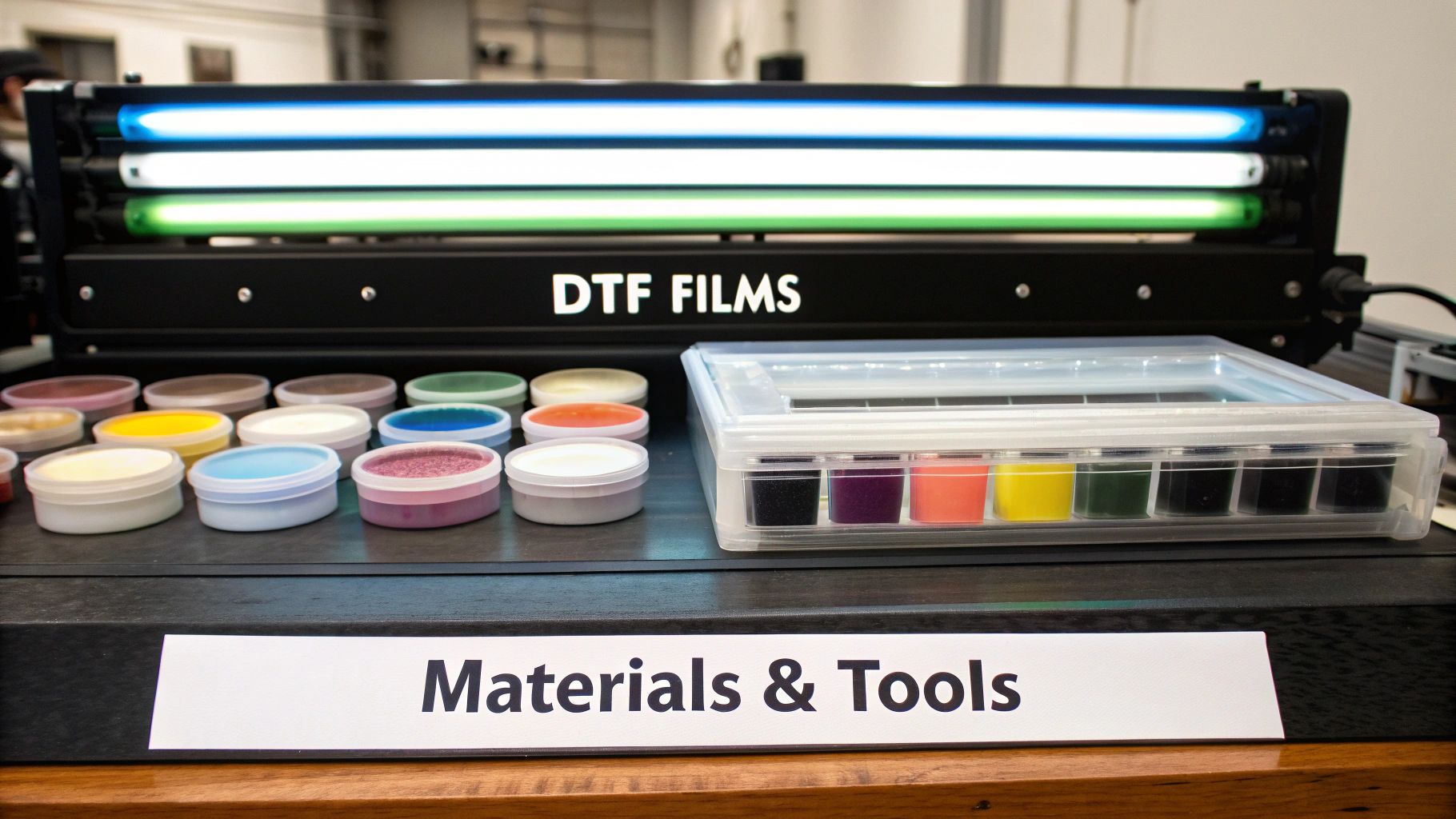 A closeup of a UV DTF printer applying vibrant ink onto a film.