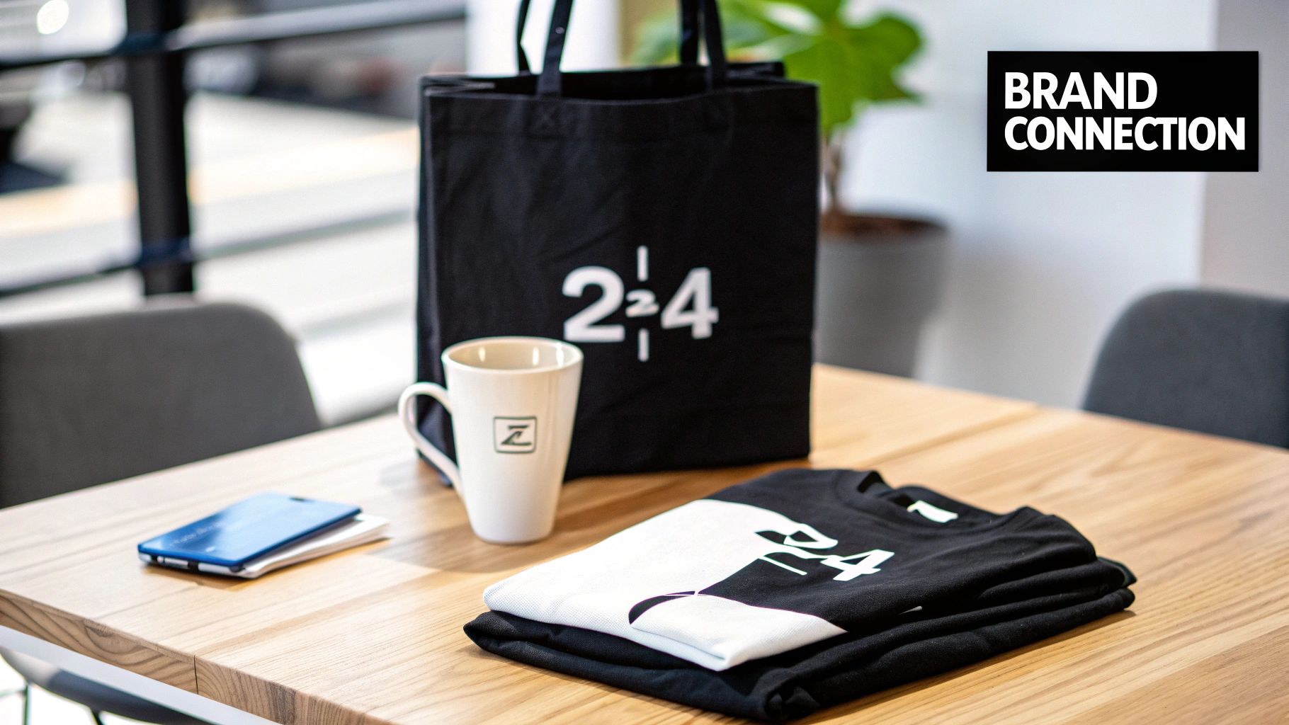 A collection of branded promotional items including a tote bag, mug, and t-shirts on a wooden table.