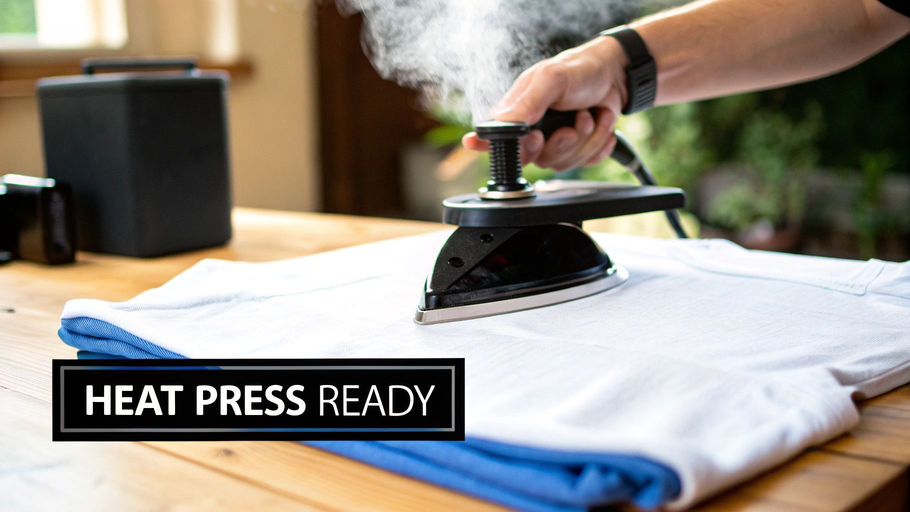 A person uses a steam iron on a white t-shirt, preparing it for a heat press application.