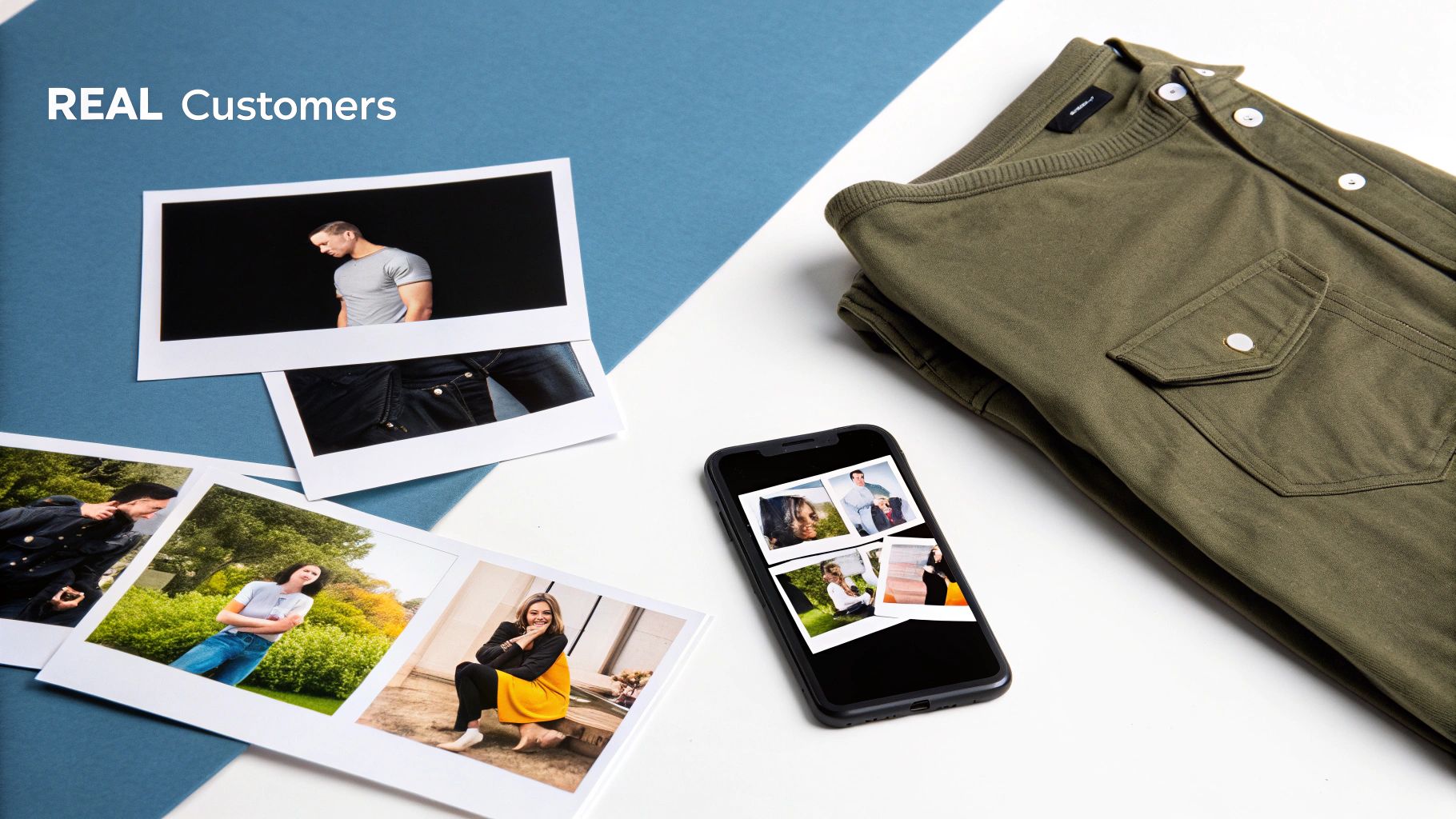 Flat lay of an olive-green shirt, polaroid photos of real customers, and a smartphone displaying customer images.