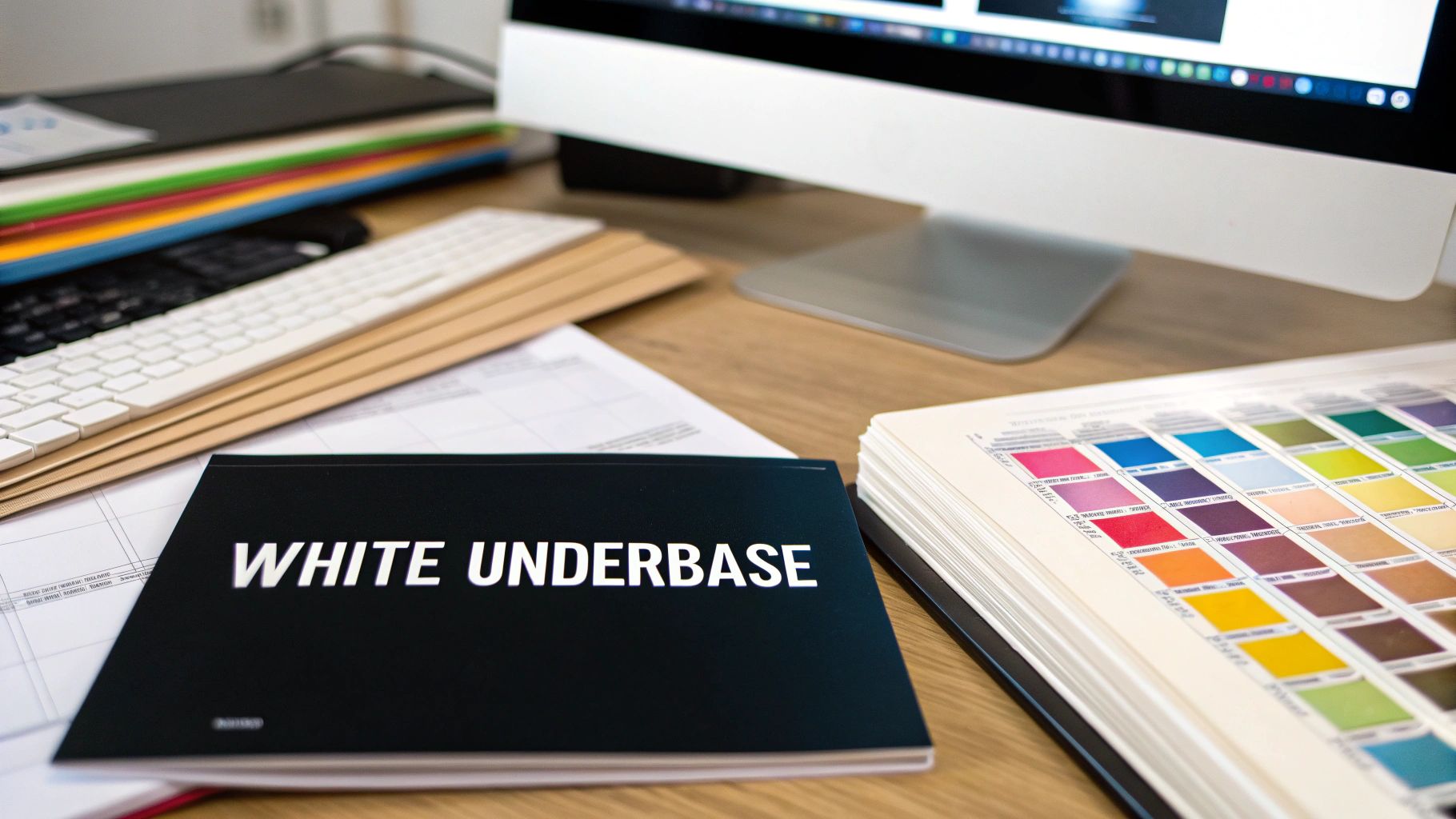 A desk with a computer, keyboard, folders, a 'WHITE UNDERBASE' booklet, and a color swatch book.