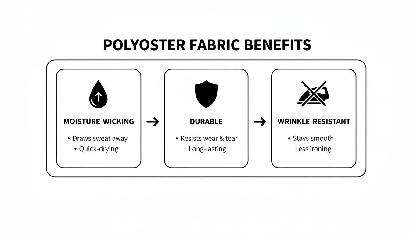 Infographic showing polyester fabric benefits: moisture-wicking, durable, and wrinkle-resistant qualities explained.