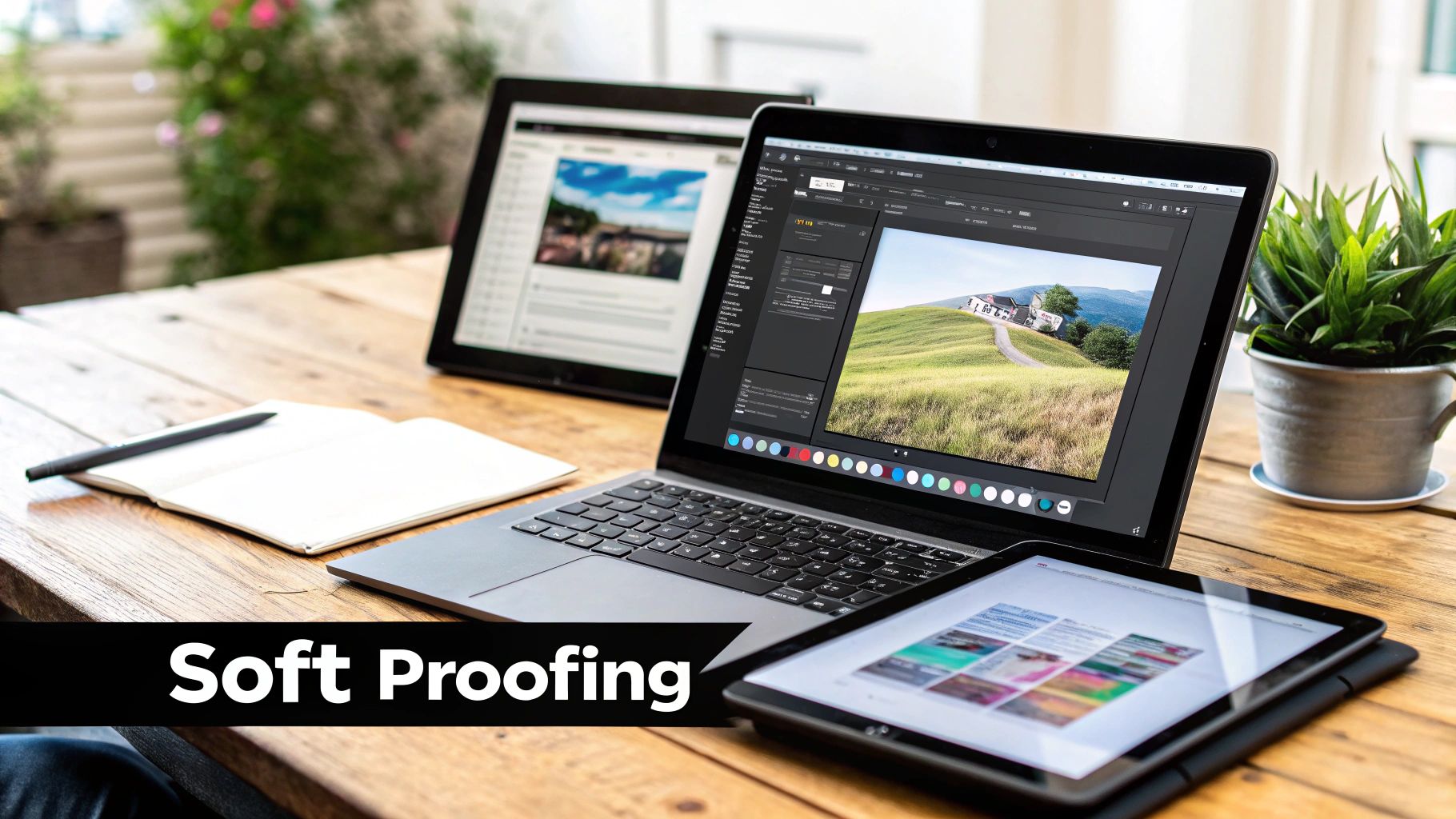 A digital workspace setup with a laptop displaying image editing software, two tablets, and a notebook for soft proofing.