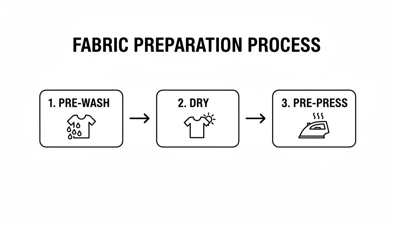 A diagram illustrating the three steps of fabric preparation process: pre-wash, dry, and pre-press, with corresponding icons.