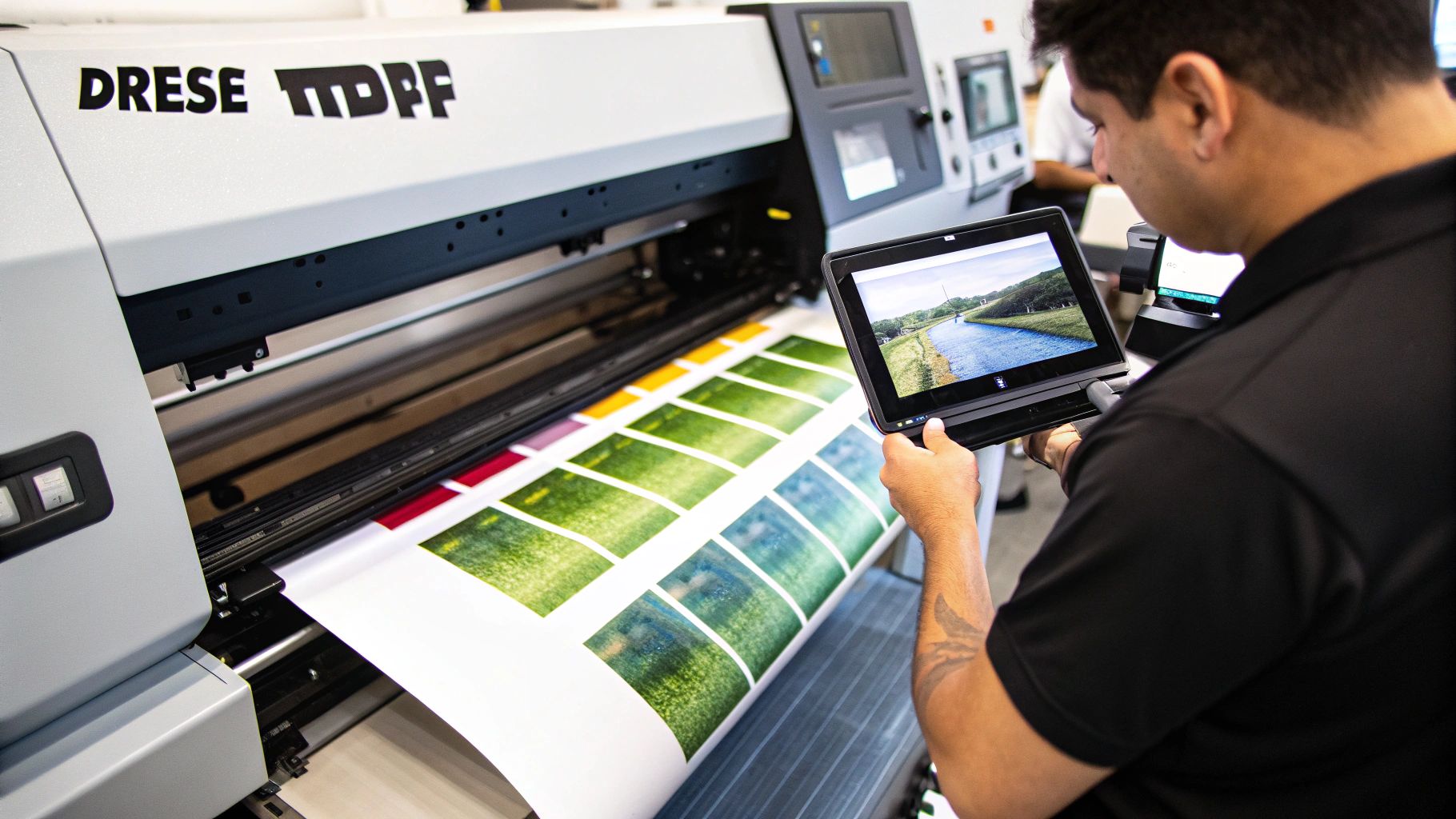 Technician comparing printed color samples on a DRESE large format printer with an image on a tablet.