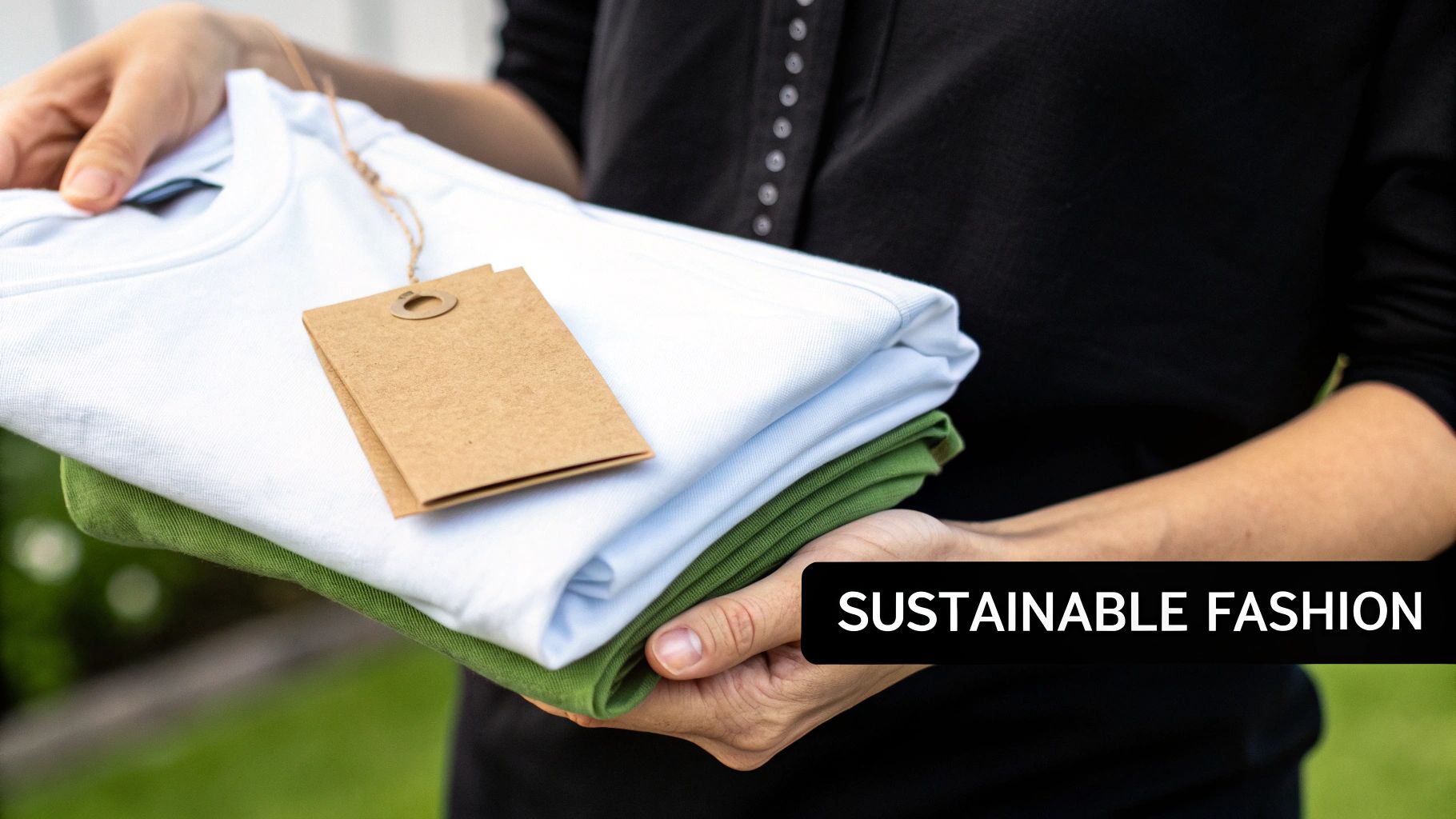 A person holds neatly folded white and green t-shirts with blank brown tags, symbolizing sustainable fashion.