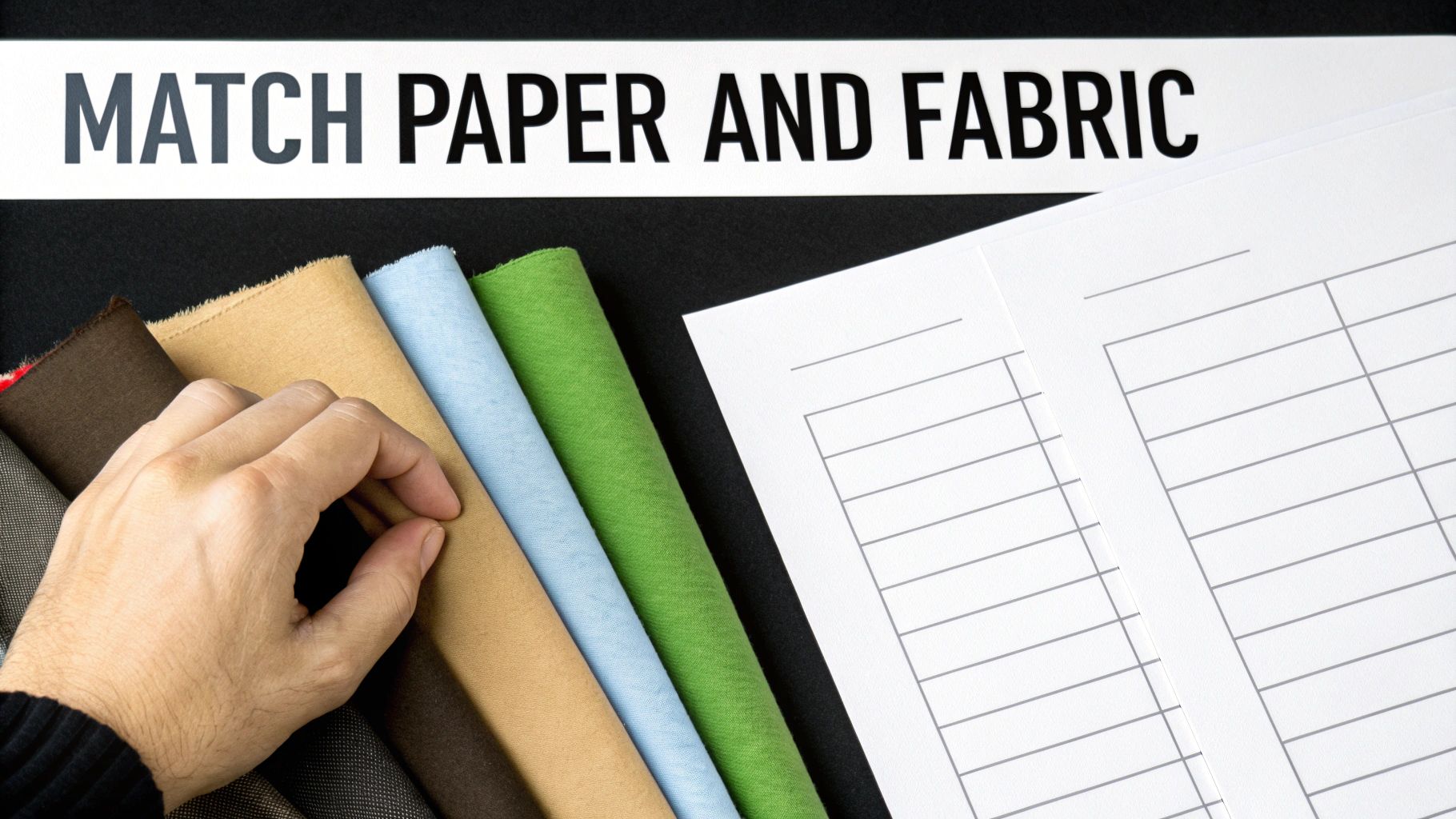 A close-up of different fabric swatches including cotton, polyester, and a poly-blend, with corresponding heat transfer paper samples laid on top.