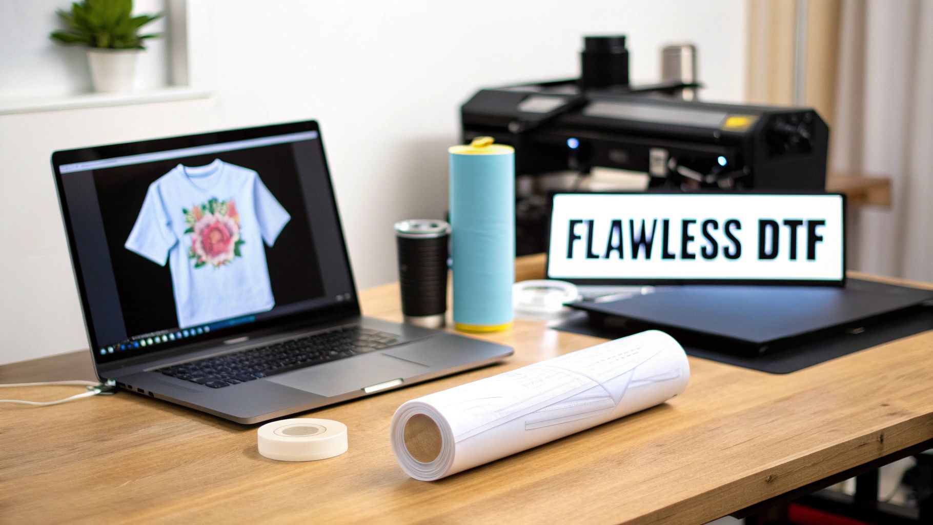 A person applying a colorful DTF transfer onto a white t-shirt using a heat press.