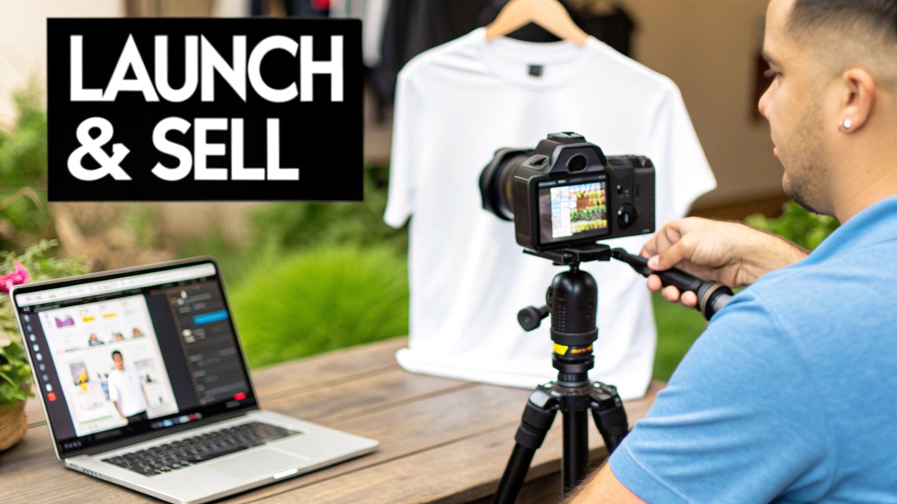 Man filming a white t-shirt for an online store, with a laptop showing e-commerce designs and 'LAUNCH & SELL' text.