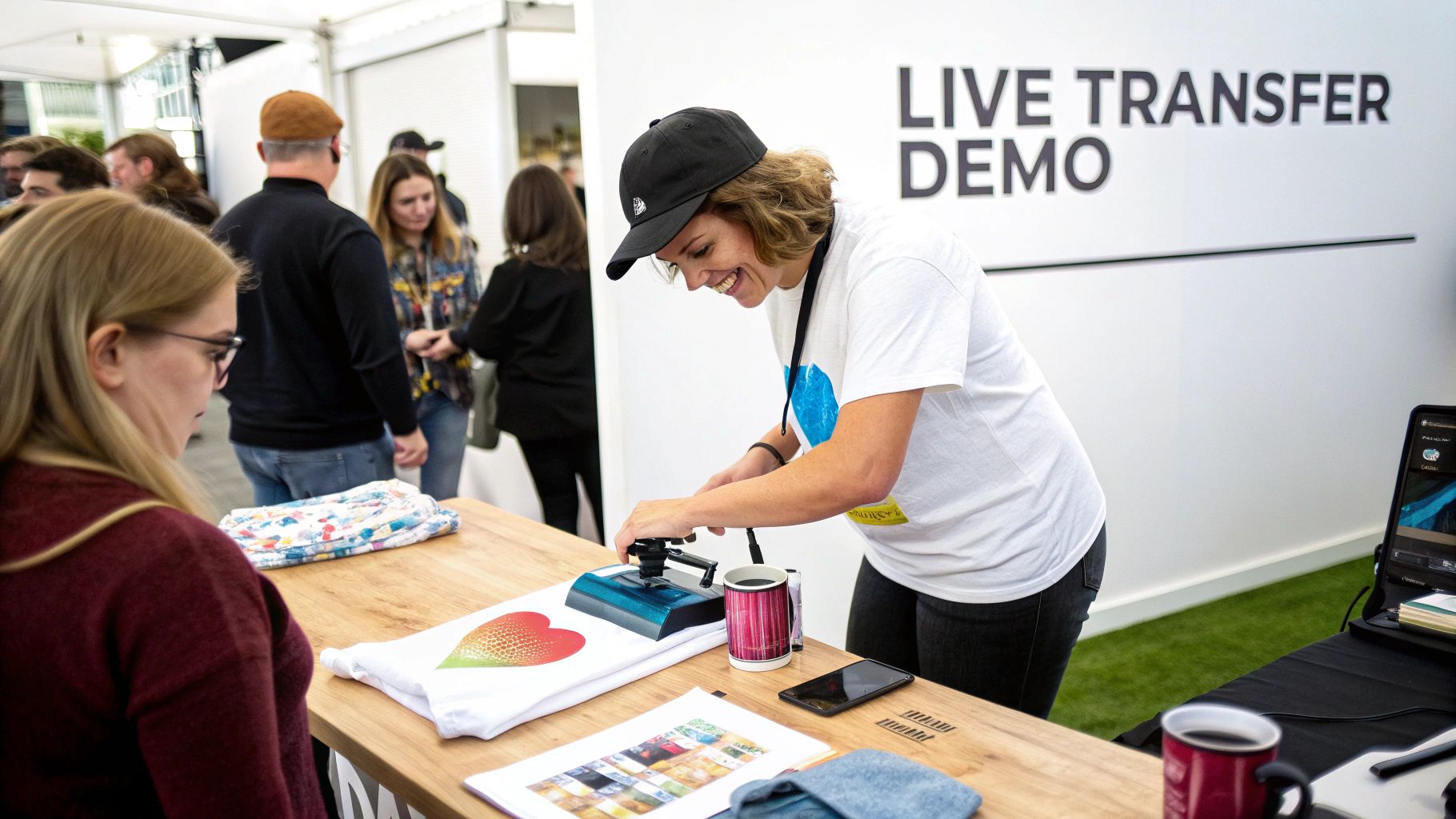 A smiling woman in a black cap demonstrates a heat press, transferring a heart design onto a white t-shirt at a live demo.
