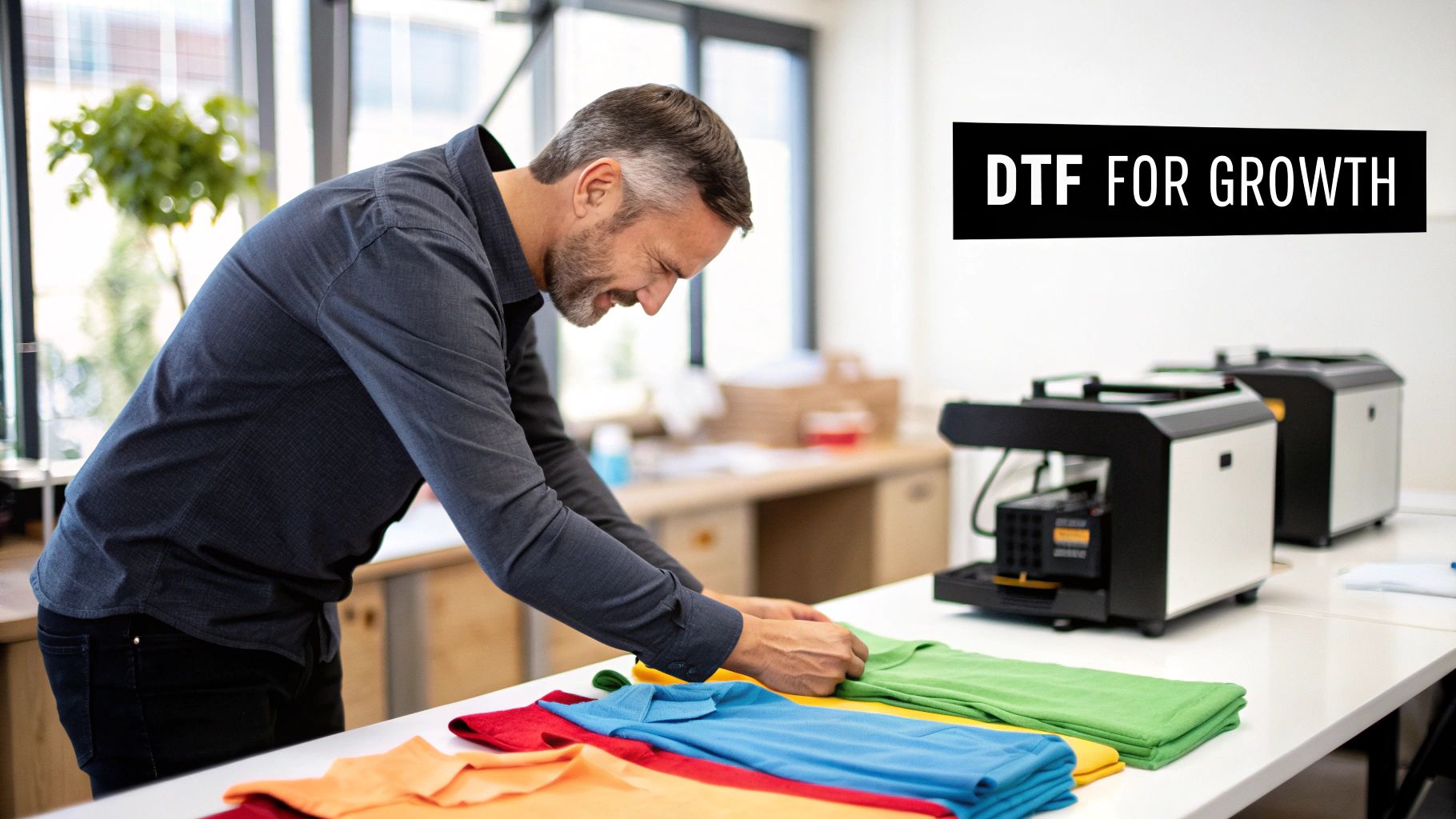 Vibrant DTF transfers being prepared for application on t-shirts.