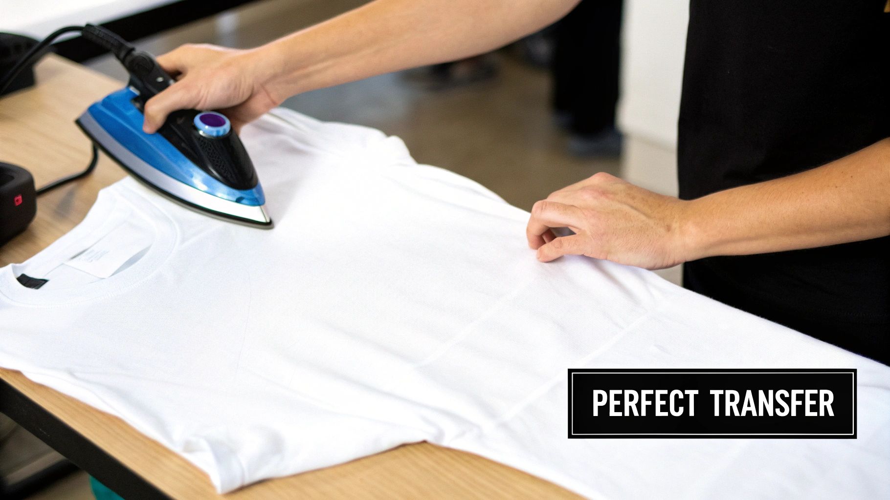 Person ironing a white t-shirt with a blue iron, preparing for a perfect transfer.