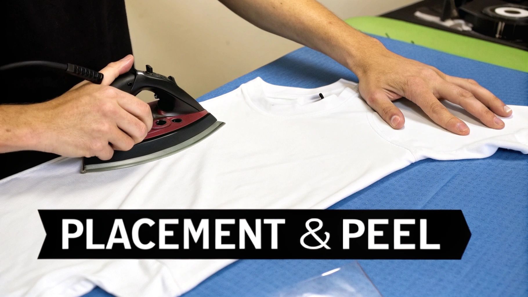 A person ironing a white t-shirt on a blue surface, preparing for placement and peel.