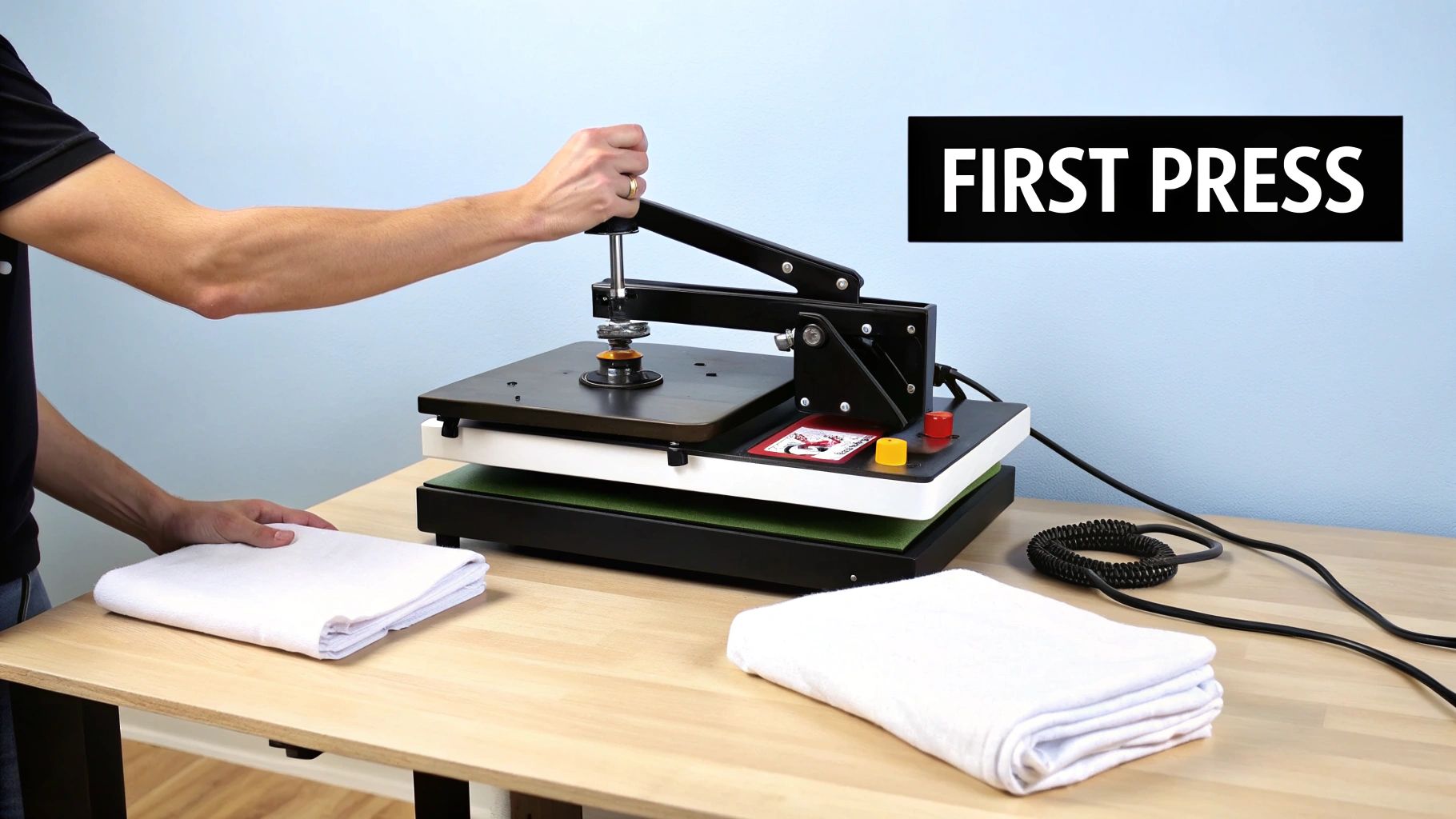 A person using a heat press machine to apply a design to a white t-shirt.