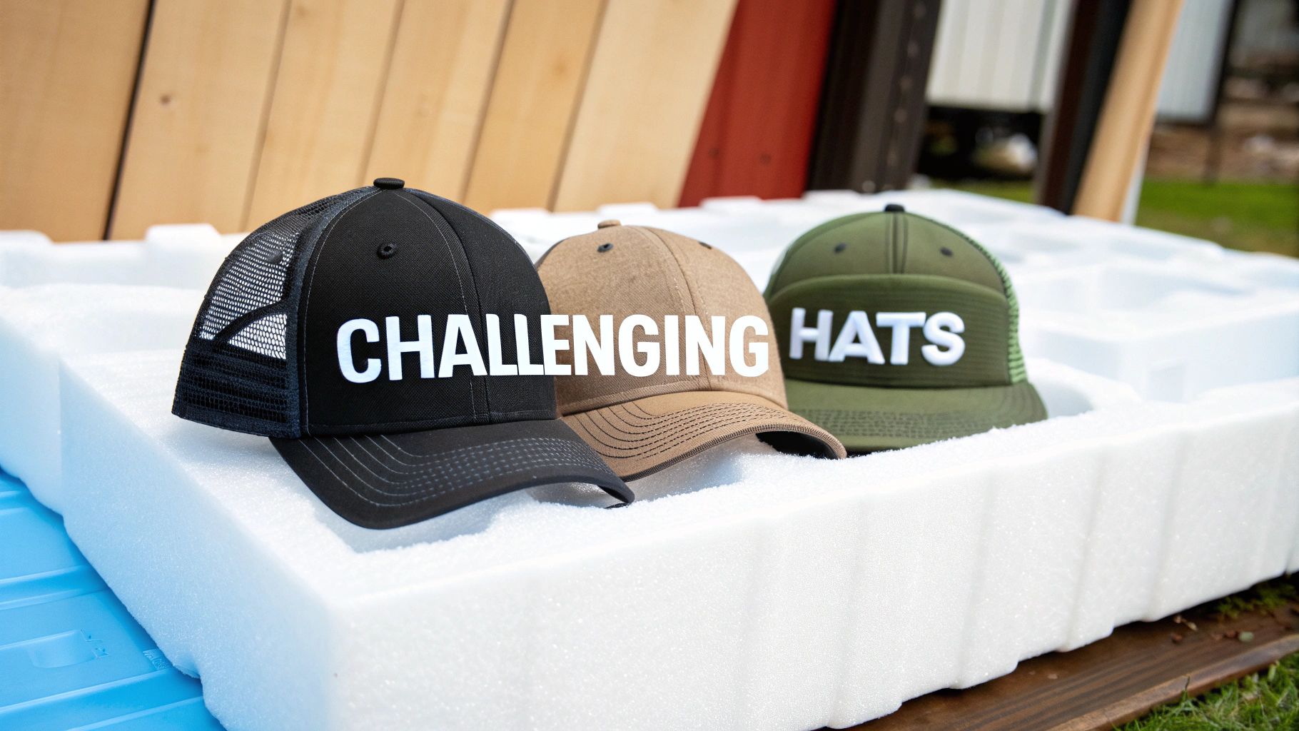 Three 'Challenging Hats' branded baseball caps, black, tan, and olive green, displayed in white foam packaging.