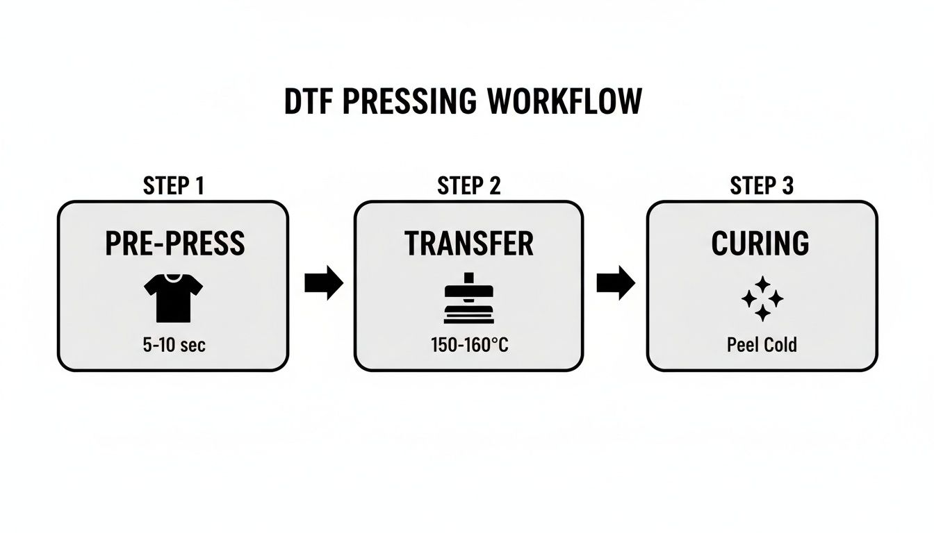 DTF pressing workflow diagram showing three steps: pre-press (5-10 seconds), transfer (150-160°C), and curing (peel cold).