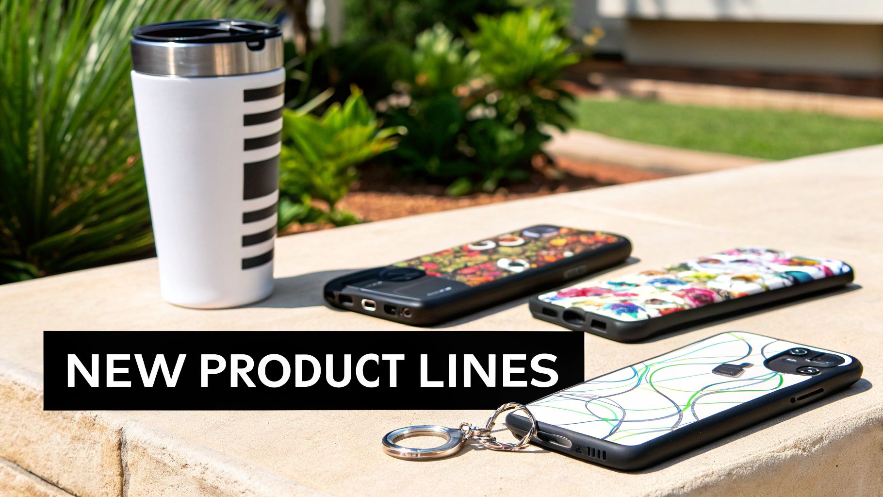 A white travel mug and three custom-designed smartphone cases, showcasing new product lines outdoors.