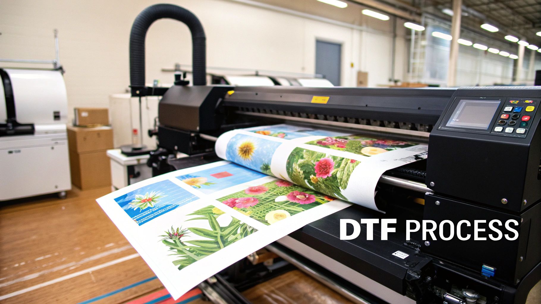 A close-up of a DTF printer head applying ink to a clear PET film.