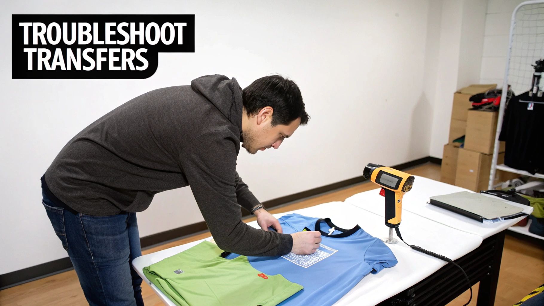 A man applies an iron-on transfer to a blue t-shirt on a table, with a heat gun nearby.